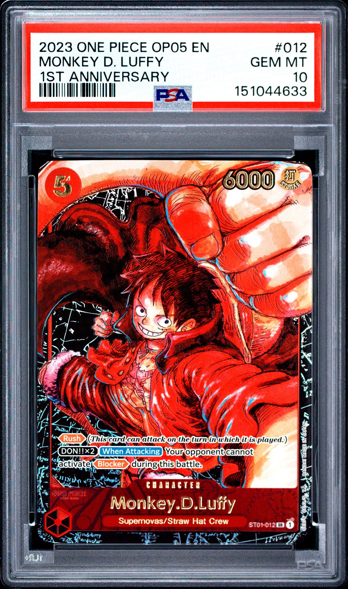 2023 One Piece Op05-Awakening Of The New Era Monkey D. Luffy #012 (1St Anniversary) Gem Mt 10 front