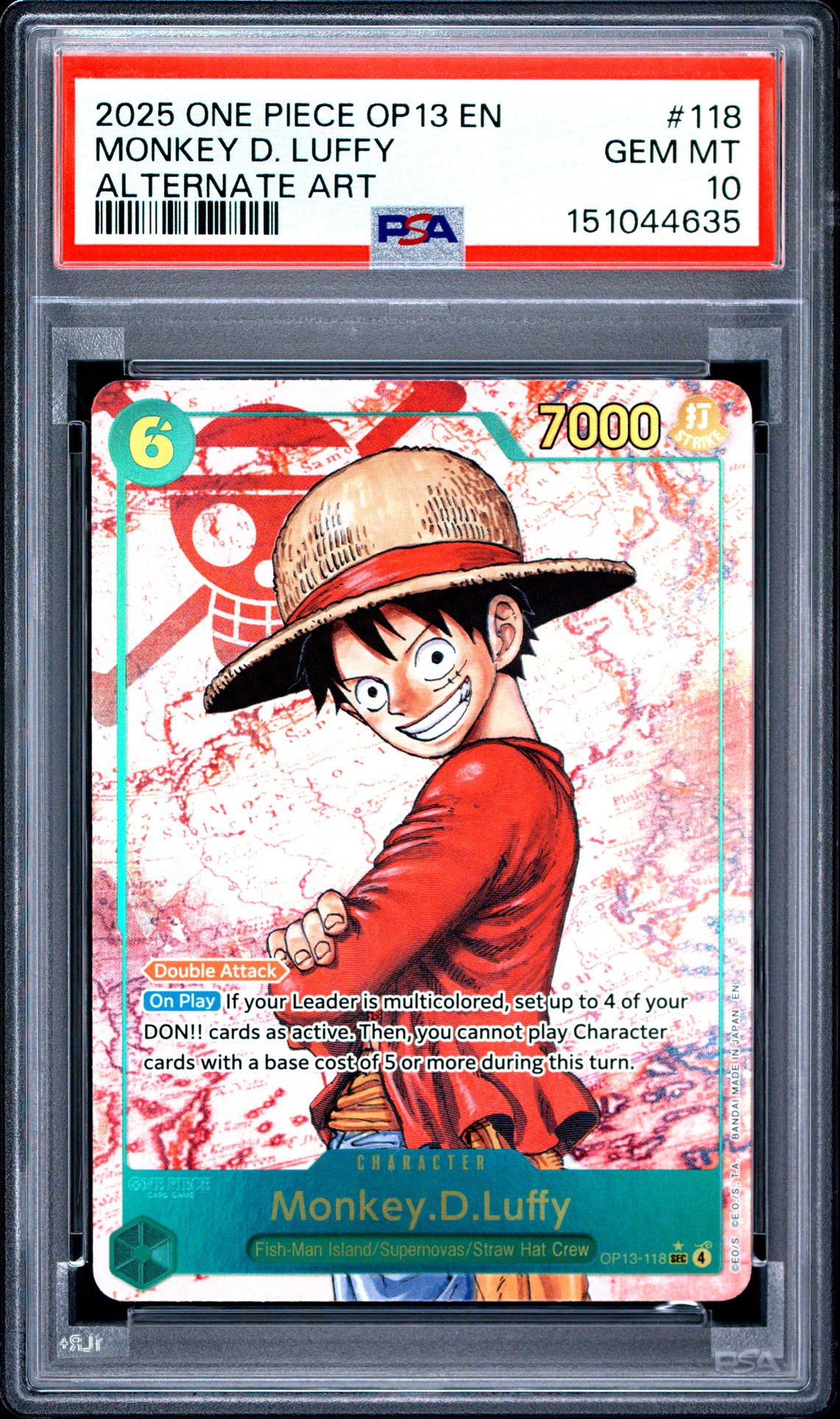 2025 One Piece Op13-Carrying On His Will Monkey D. Luffy #118 (Alternate Art) Gem Mt 10 front