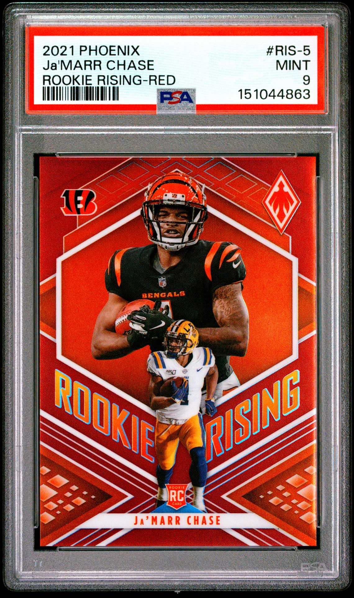 2021 Panini Phoenix Rookie Rising Ja'marr Chase #Ris-5 (Rookie Rising-Red) Mint 9 front