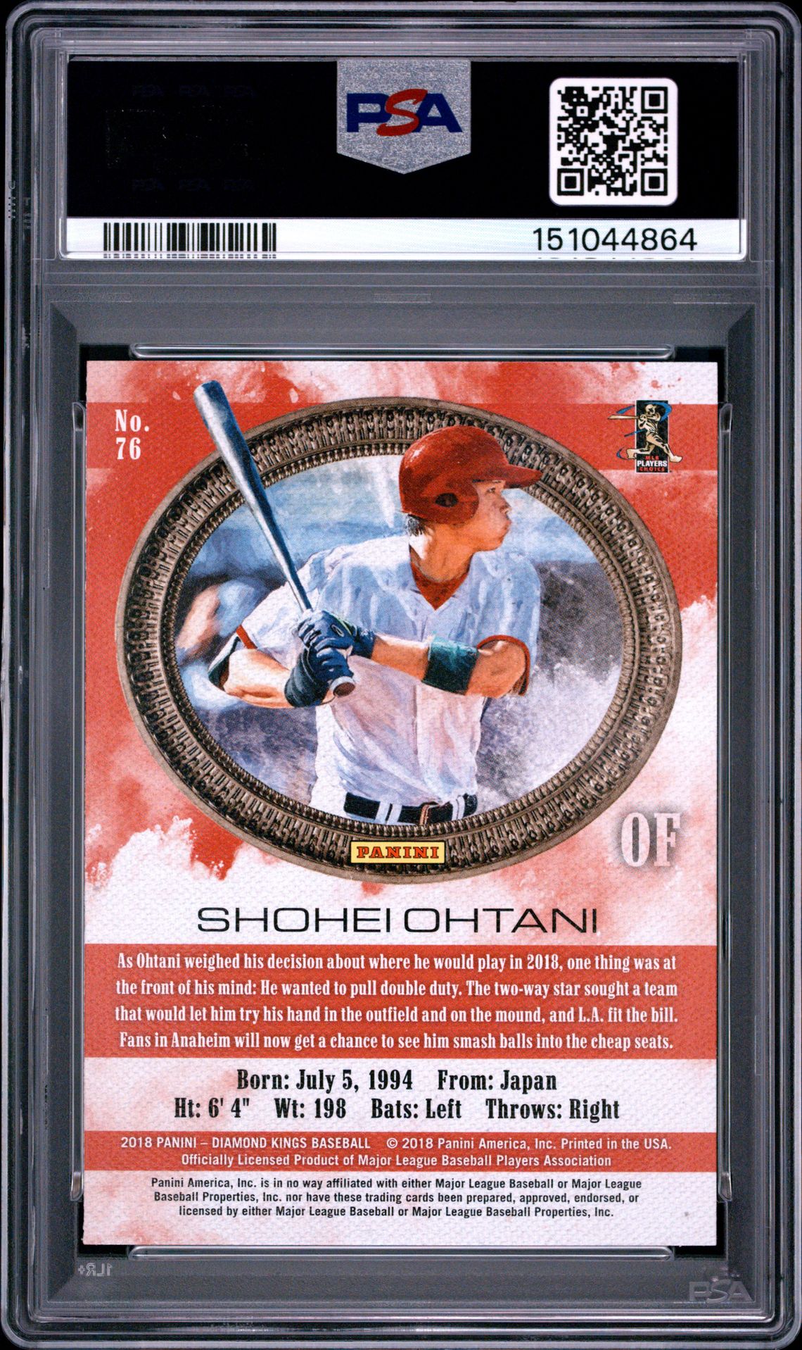 2018 Panini Diamond Kings Shohei Ohtani #76 (Facing Right) Gem Mt 10 back view - PSA certificate #151044864