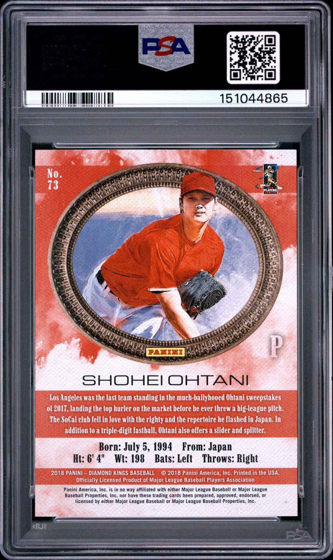 2018 Panini Diamond Kings Shohei Ohtani #73 (Pitching/No Pinstripe) Gem Mt 10 back