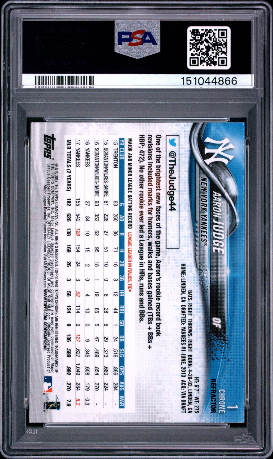 2018 Topps Chrome Aaron Judge #1 (Refractor) Gem Mt 10 back