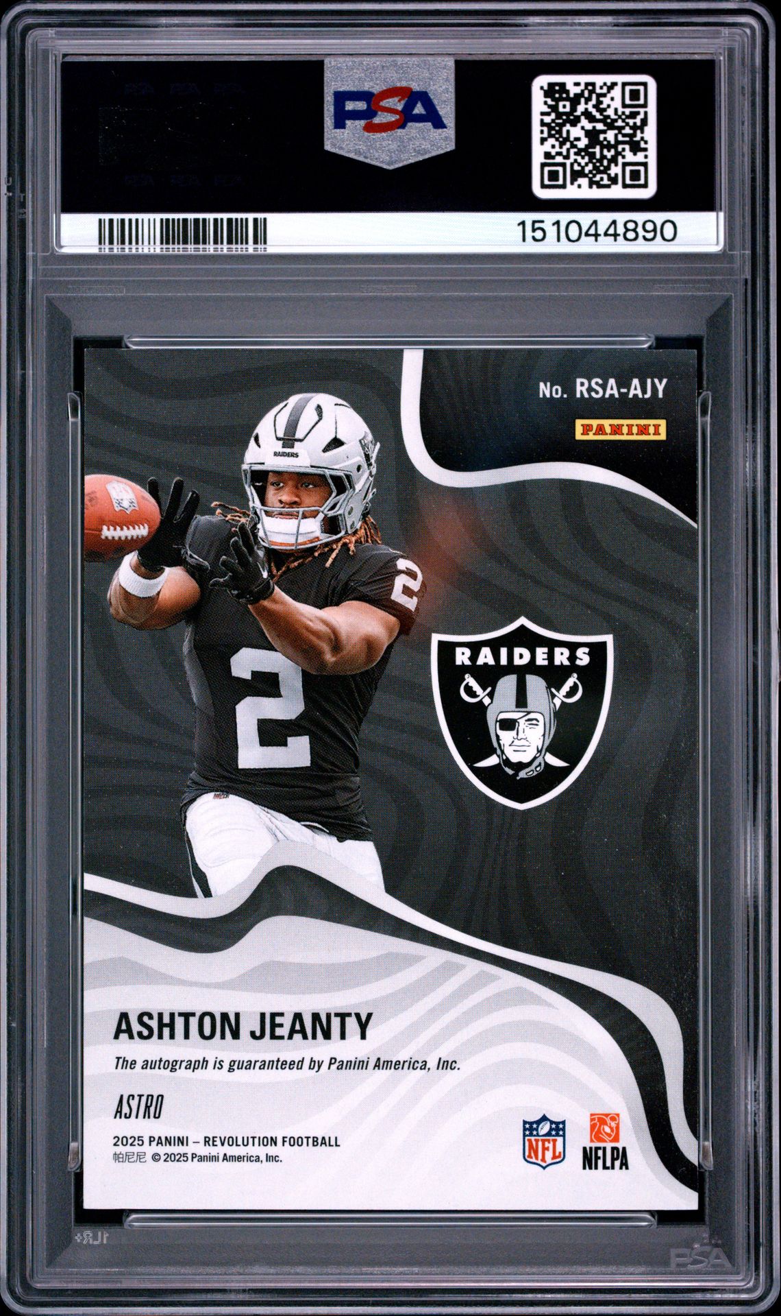 2025 Panini Revolution Revolution Signatures Ashton Jeanty #Rsa-Ajy (Revolution Signature-Astro) Gem Mt 10 back view - PSA certificate #151044890