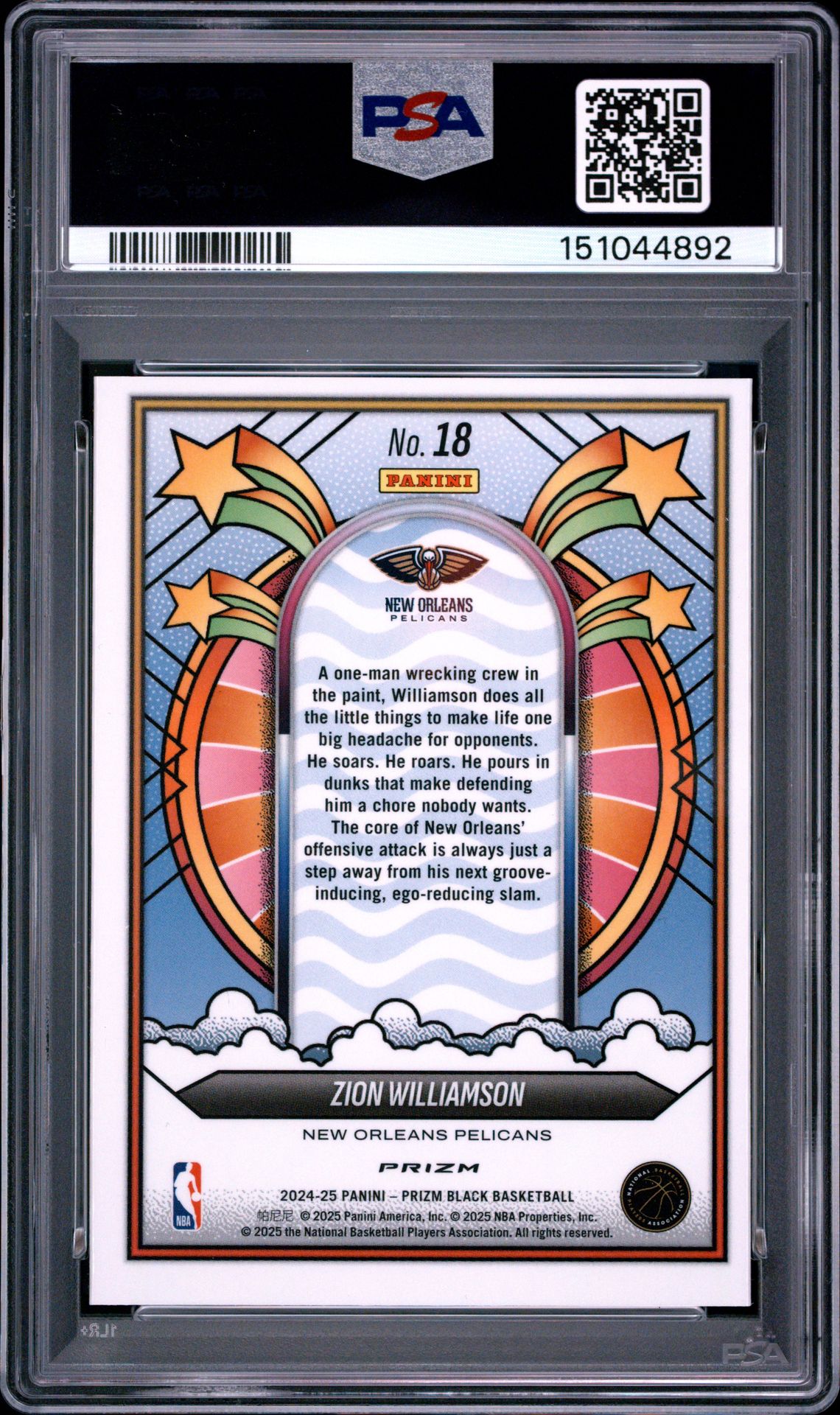 2024 Panini Prizm Black Groovy Zion Williamson #18 Gem Mt 10 back view - PSA certificate #151044892