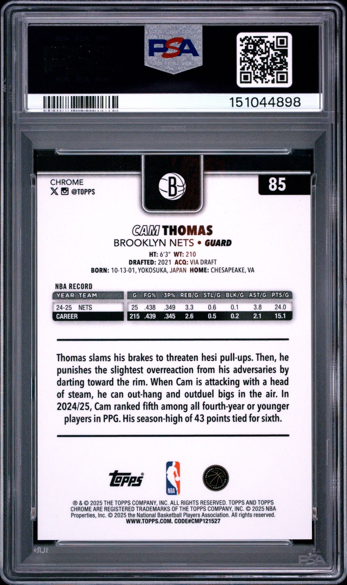 2025 Topps Chrome Sapphire Edition Cam Thomas #85 (Red) Mint 9 back
