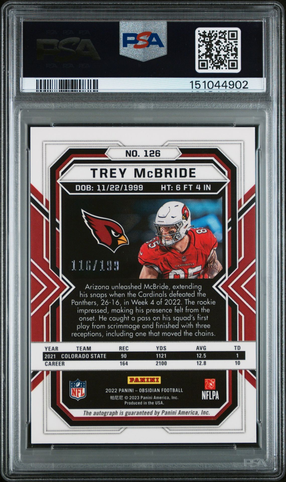 2022 Panini Obsidian Trey Mcbride #126 (Autograph) Nm-Mt 8 back
