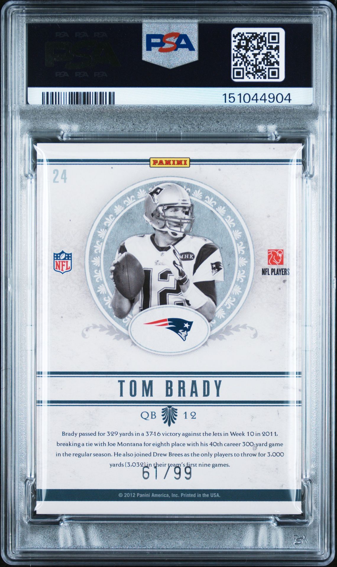 2011 Playoff National Treasures Nfl Greatest Tom Brady #24 (Nfl Greatest) Gem Mt 10 back view - PSA certificate #151044904