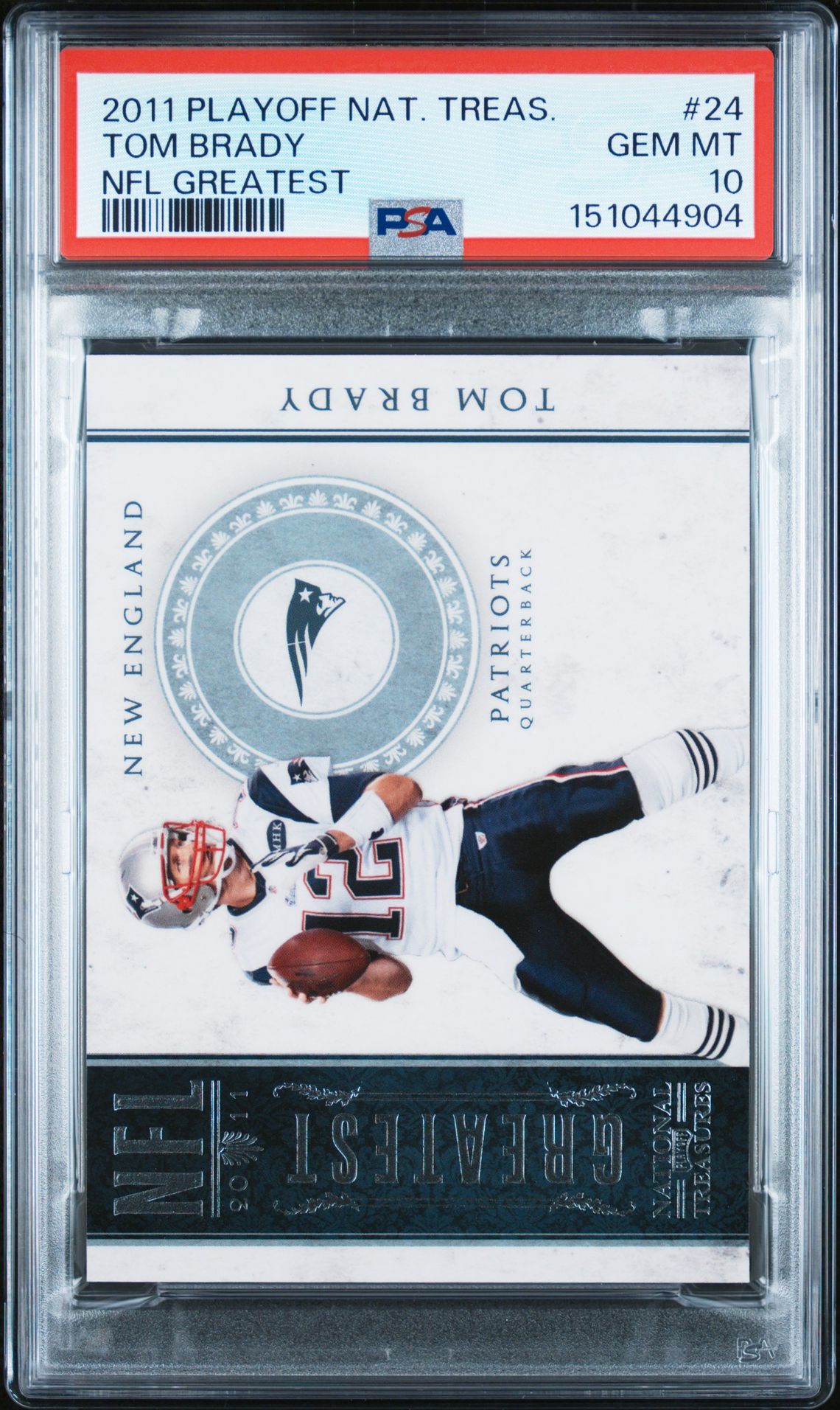 2011 Playoff National Treasures Nfl Greatest Tom Brady #24 (Nfl Greatest) Gem Mt 10 front view - PSA graded GEM MT 10