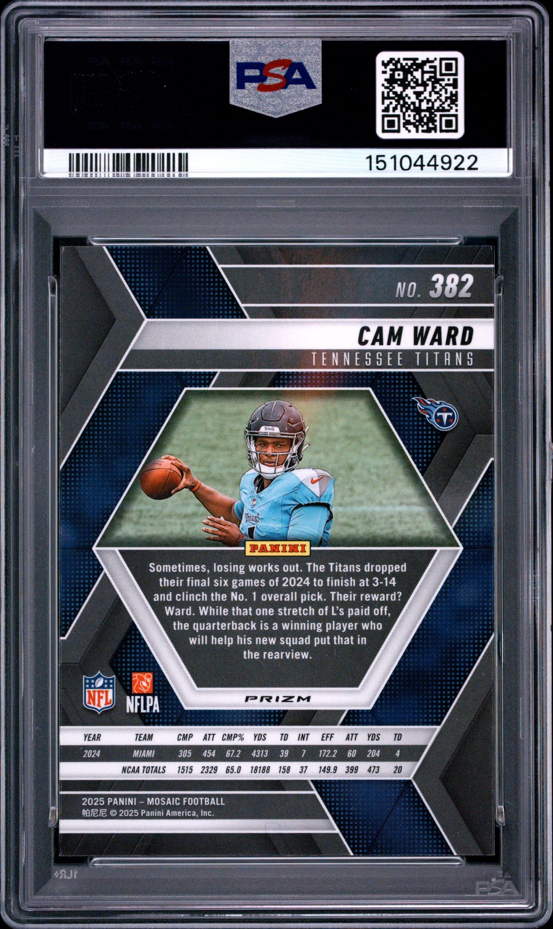 2025 Panini Mosaic Cam Ward #382 (Silver) Gem Mt 10 back view - PSA certificate #151044922