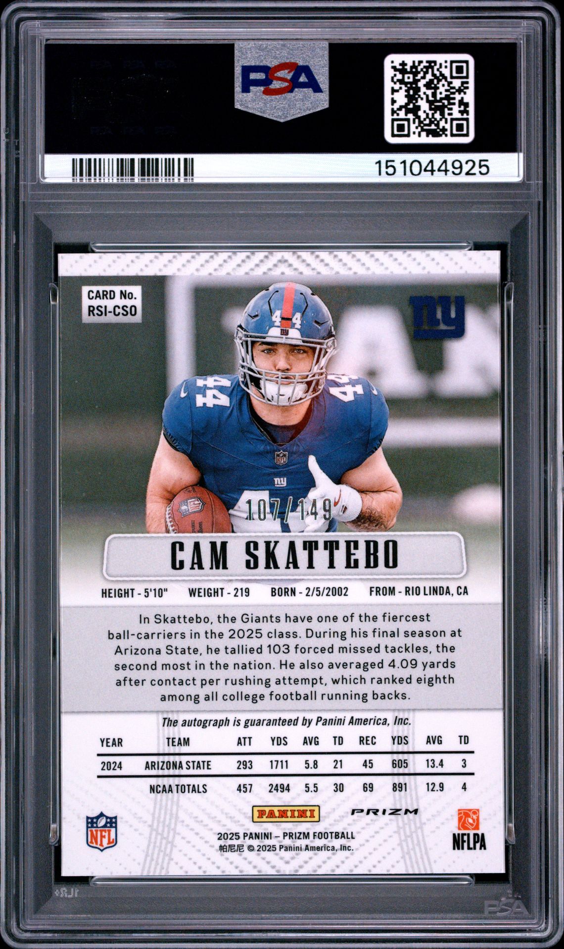 2025 Panini Prizm Retro 2012 Signatures Cam Skattebo #Rsi-Cso Gem Mt 10 back view - PSA certificate #151044925