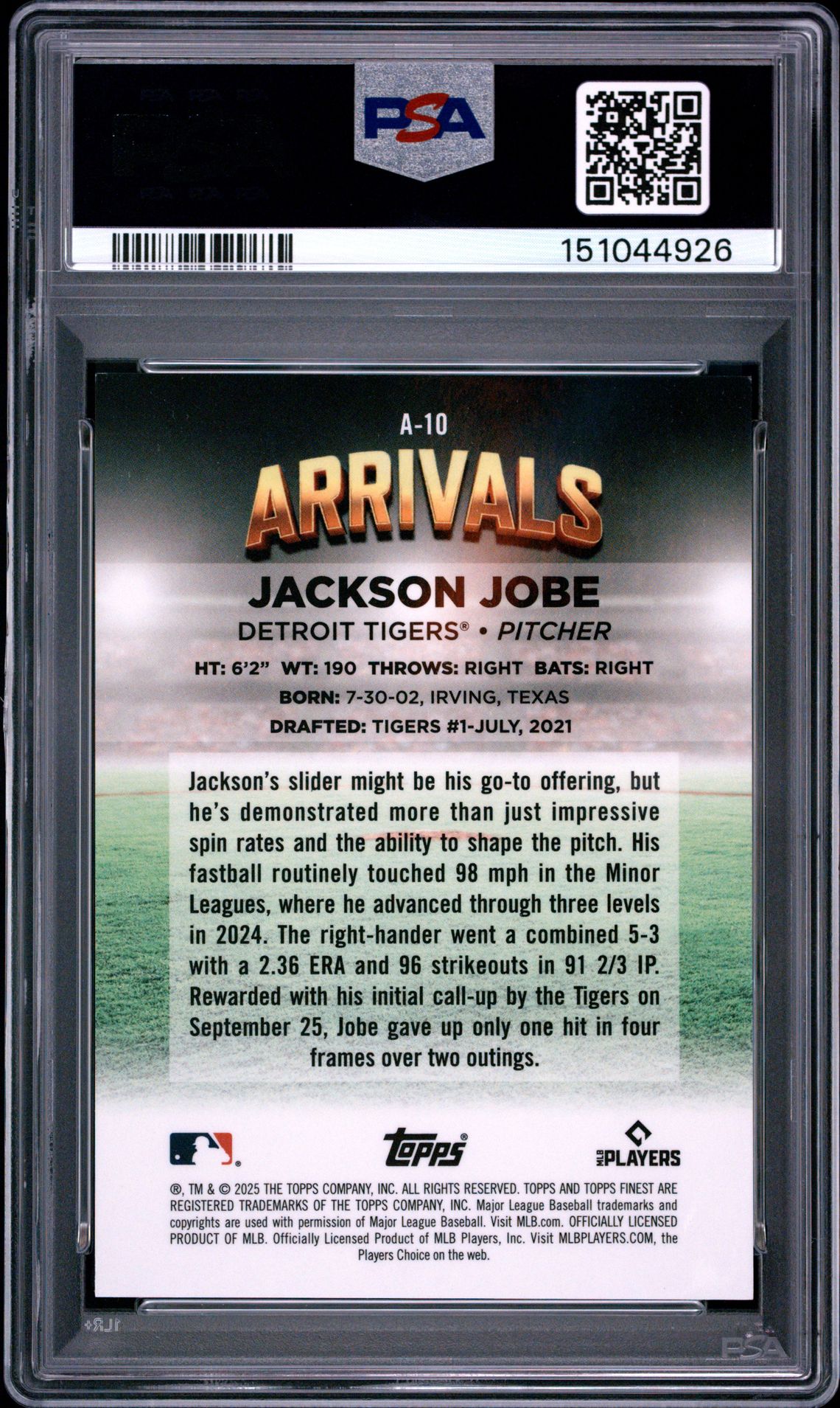 2025 Topps Finest Arrivals Jackson Jobe #A10 (Arrivals-Orange Refractor) Mint 9 back