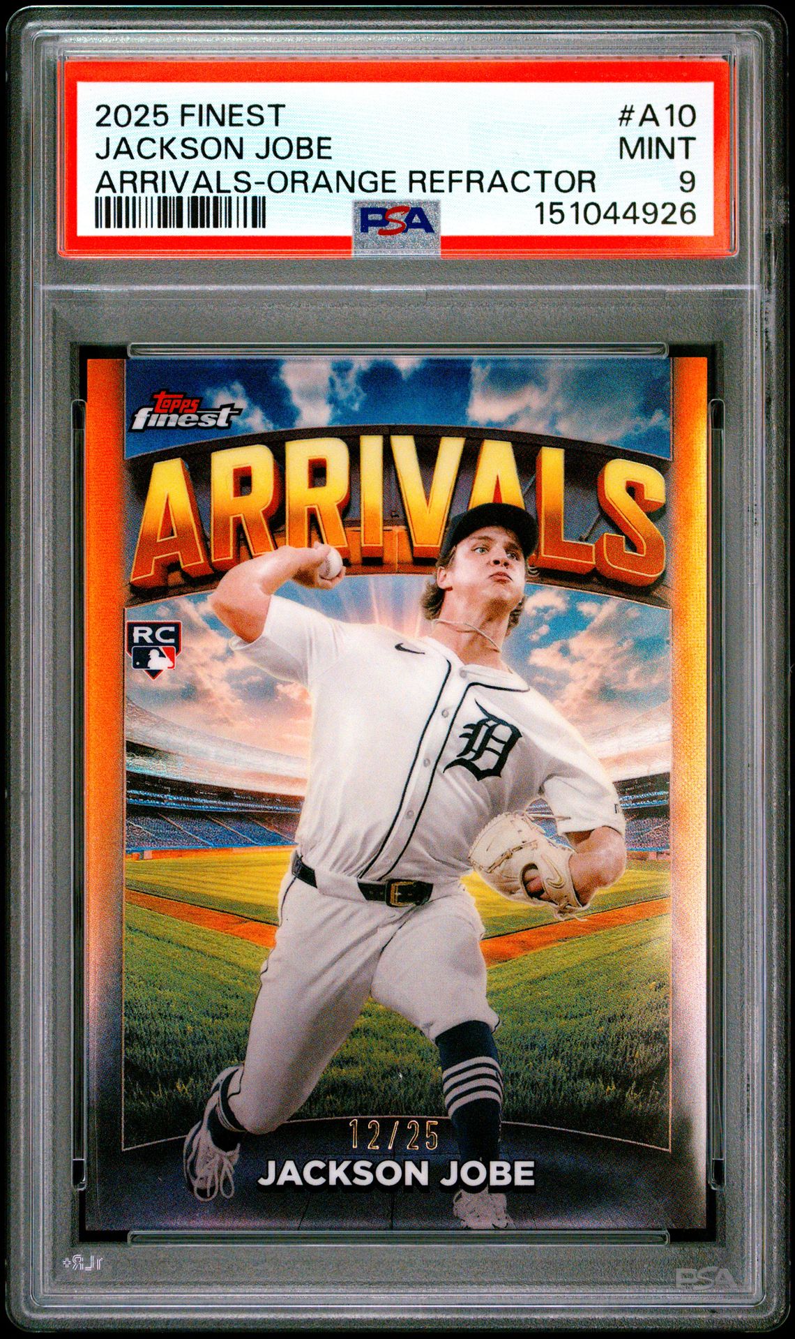 2025 Topps Finest Arrivals Jackson Jobe #A10 (Arrivals-Orange Refractor) Mint 9 front