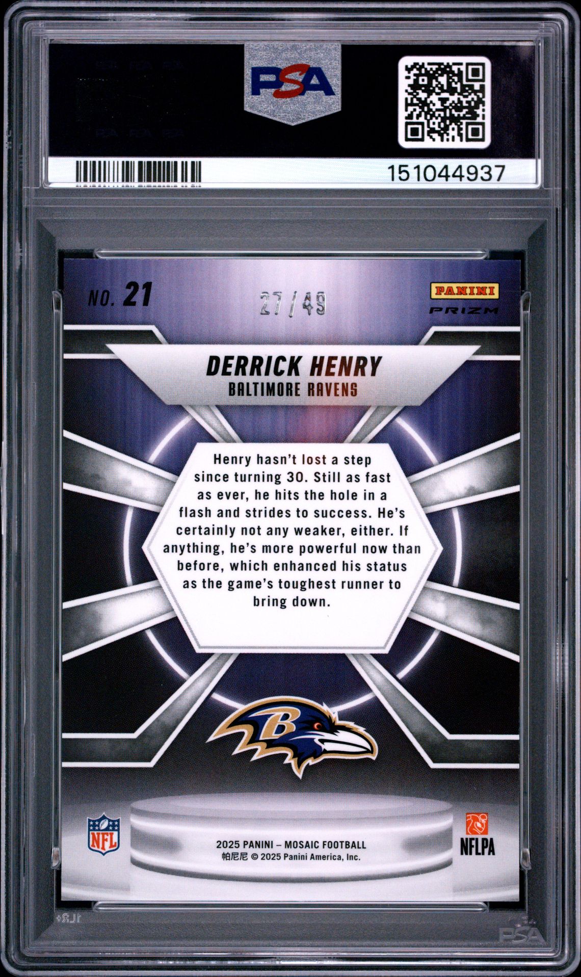 2025 Panini Mosaic Center Stage Derrick Henry #21 (Center Stage-Purple) Gem Mt 10 back view - PSA certificate #151044937