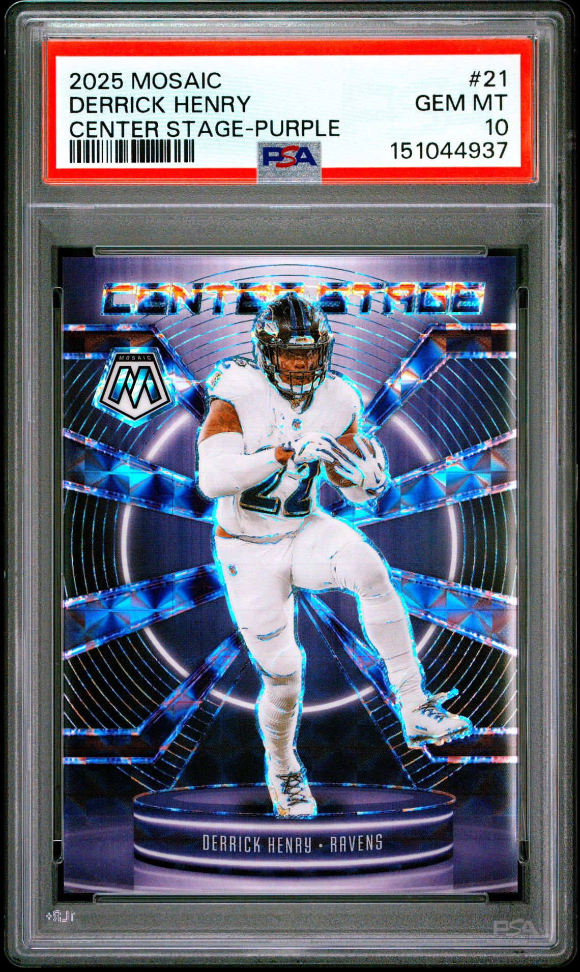 2025 Panini Mosaic Center Stage Derrick Henry #21 (Center Stage-Purple) Gem Mt 10 front view - PSA graded GEM MT 10
