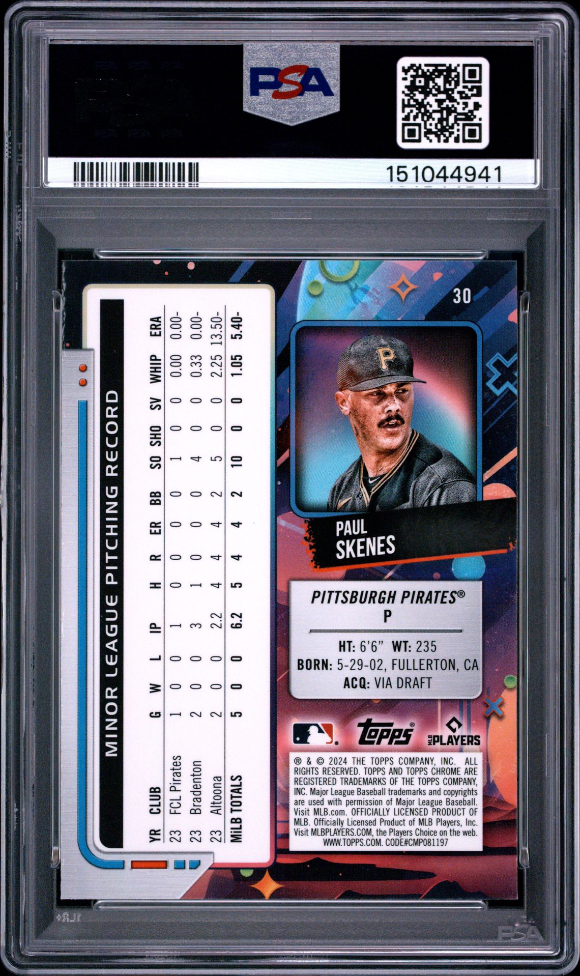 2024 Topps Cosmic Chrome Paul Skenes #30 (Aqua Equinox Refractor) Gem Mt 10 back view - PSA certificate #151044941