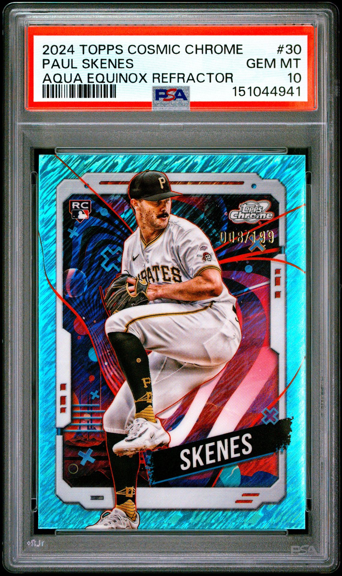 2024 Topps Cosmic Chrome Paul Skenes #30 (Aqua Equinox Refractor) Gem Mt 10 front view - PSA graded GEM MT 10
