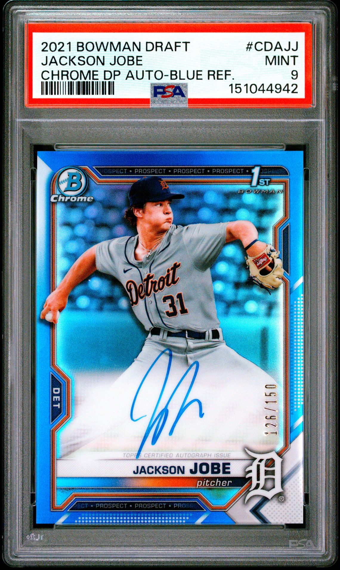 2021 Bowman Draft Chrome Draft Pick Autographs Jackson Jobe #Cdajj (Chrome Dp Auto-Blue Ref.) Mint 9 front