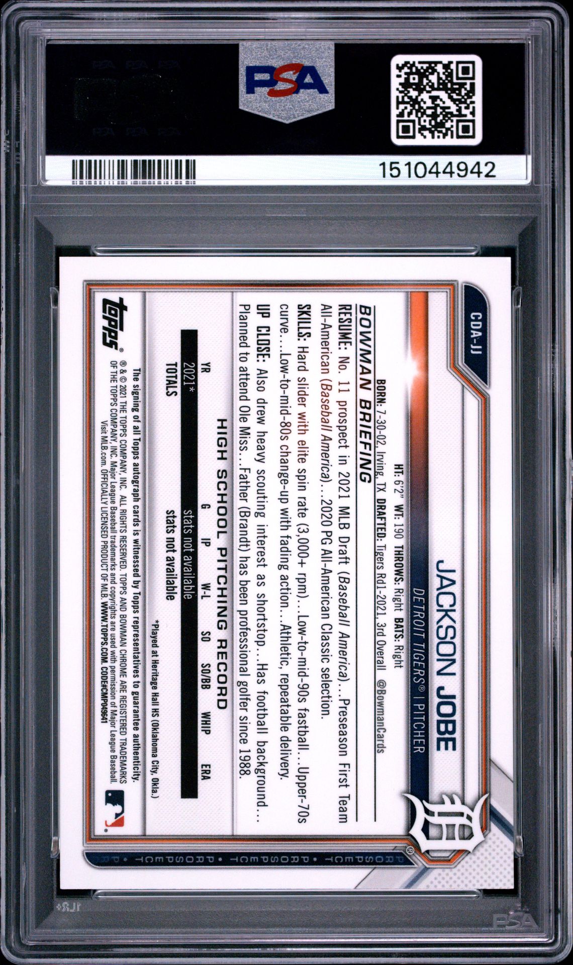 2021 Bowman Draft Chrome Draft Pick Autographs Jackson Jobe #Cdajj (Chrome Dp Auto-Blue Ref.) Mint 9 back