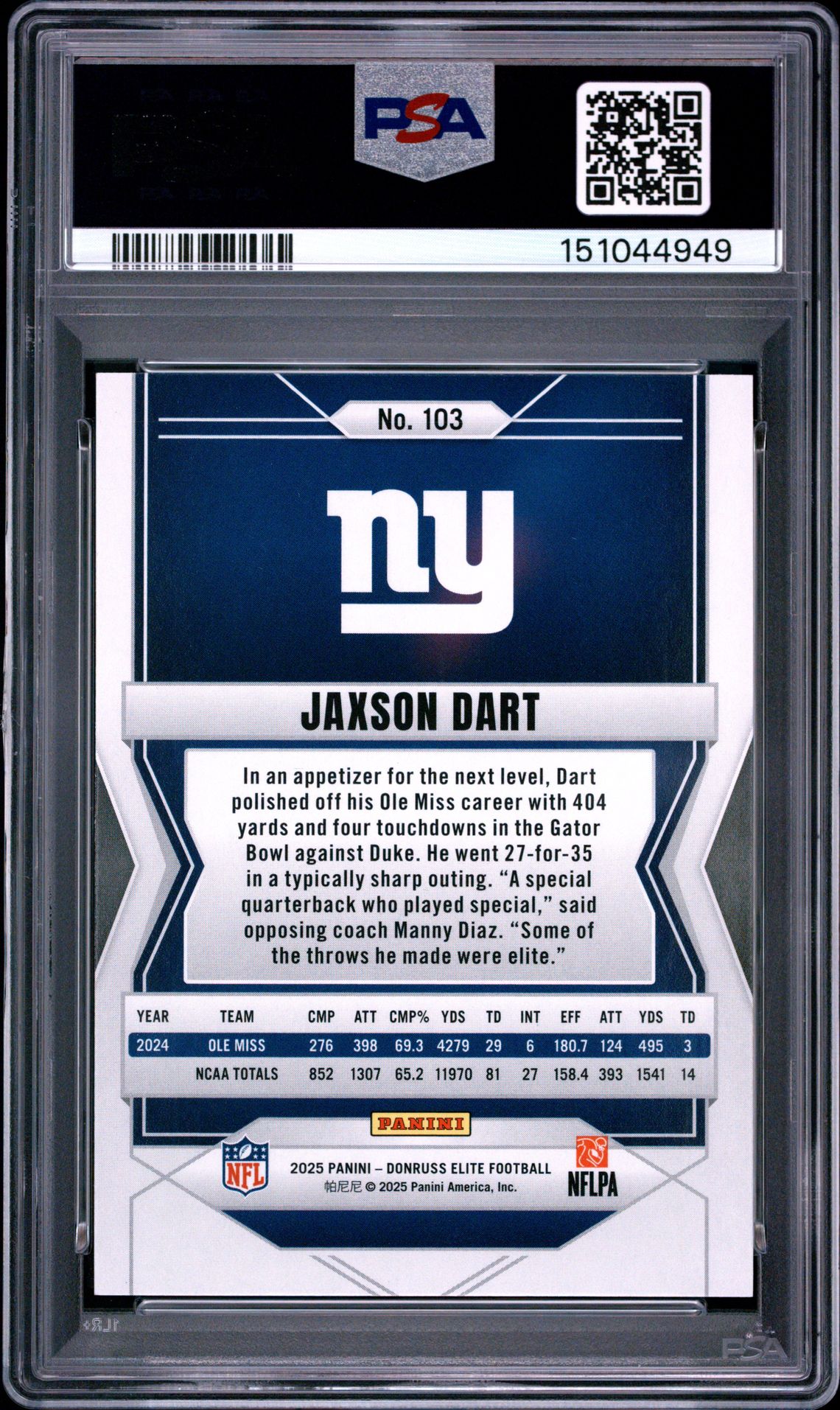 2025 Panini Donruss Elite Jaxson Dart #103 (Green Disco) Mint 9 back