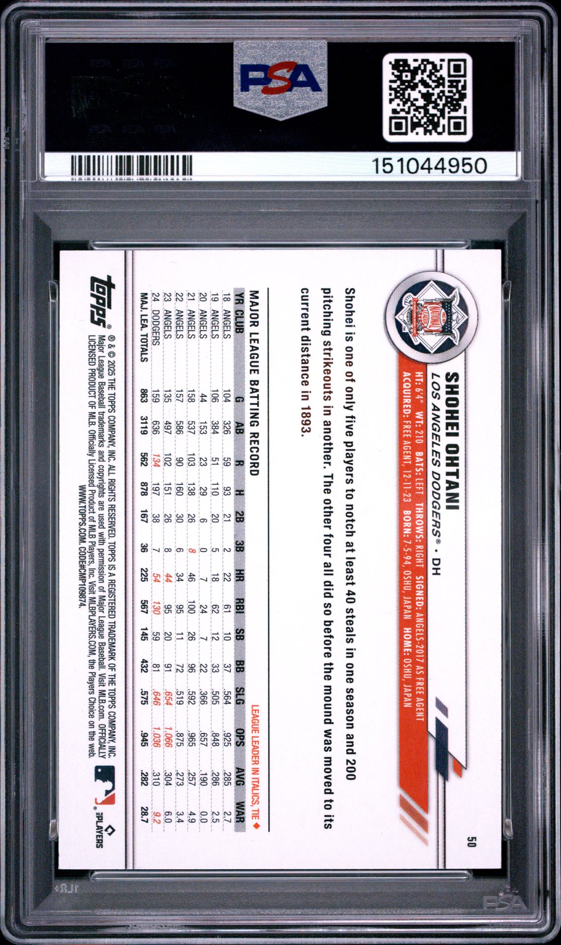 2025 Topps All-Star Game Shohei Ohtani #50 Gem Mt 10 back view - PSA certificate #151044950