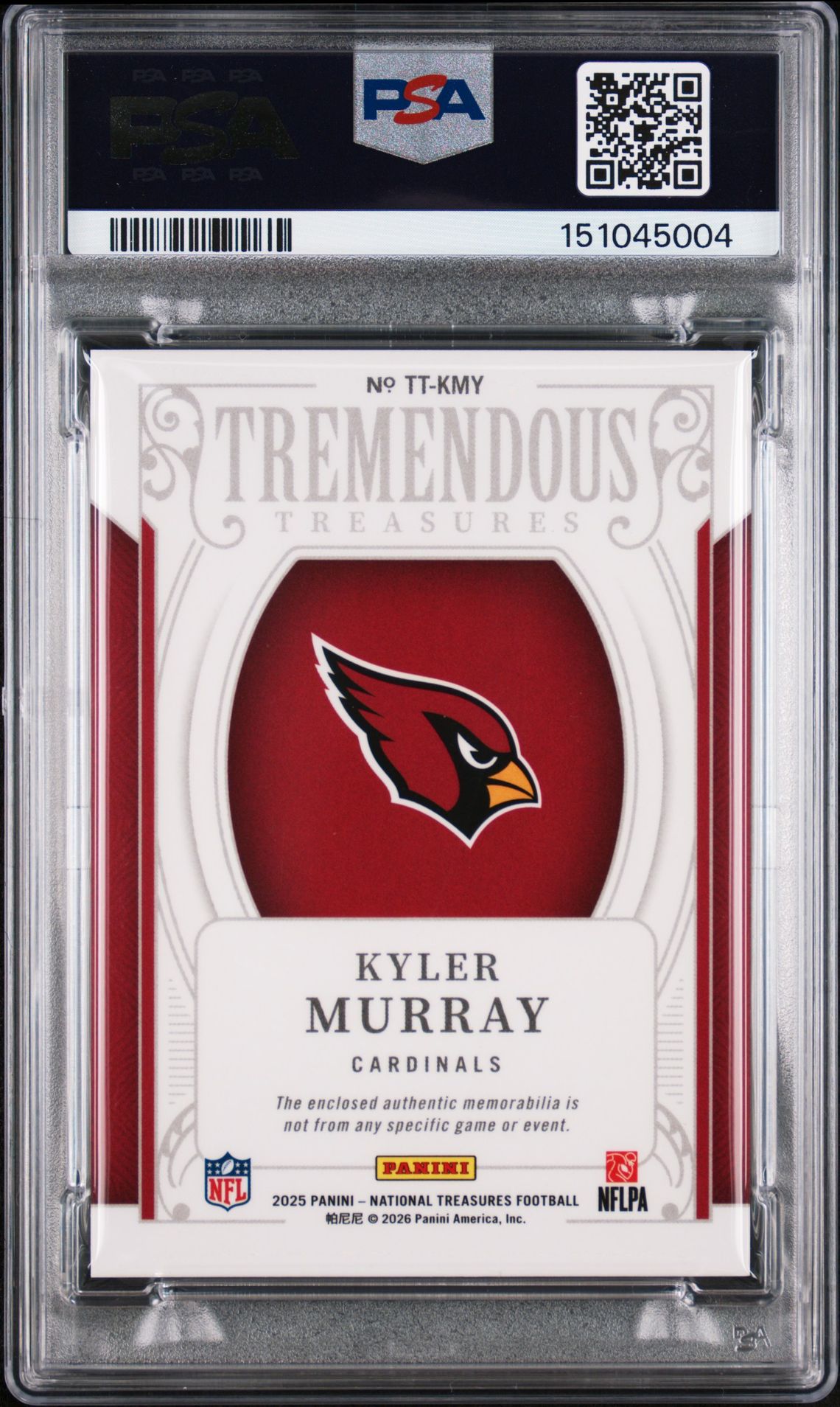 2025 Panini National Treasures Tremendous Treasures Relic Kyler Murray #Kmy Gem Mt 10 back