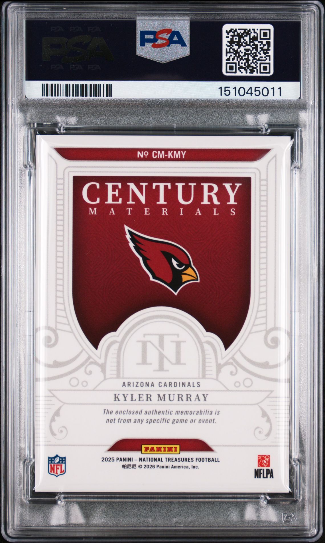 2025 Panini National Treasures Century Materials Kyler Murray #Kmy (Century Materials) Mint 9 back