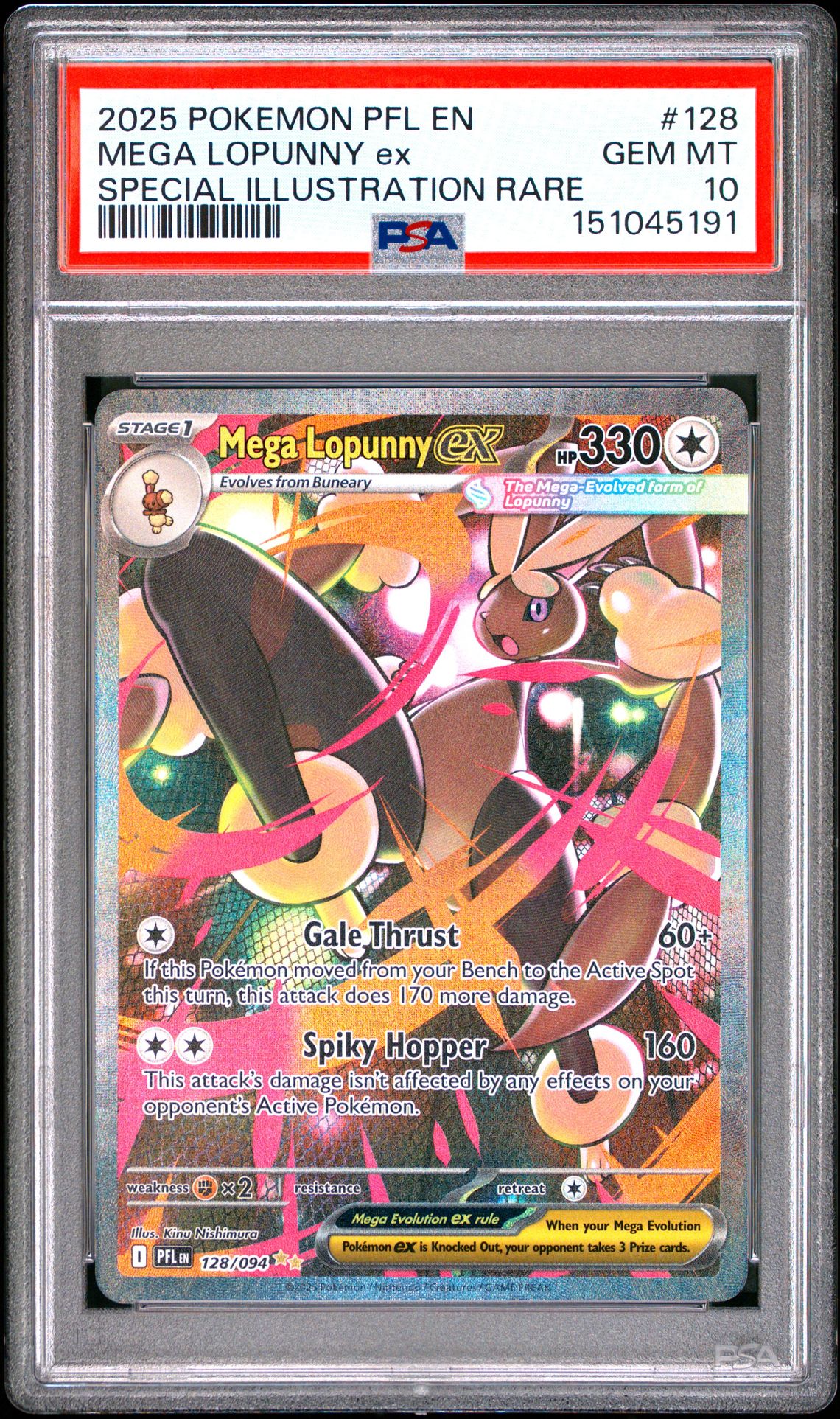 2025 Pokemon Pfl En-Phantasmal Flames Mega Lopunny Ex #128 (Special Illustration Rare) Gem Mt 10 front view - PSA graded GEM MT 10