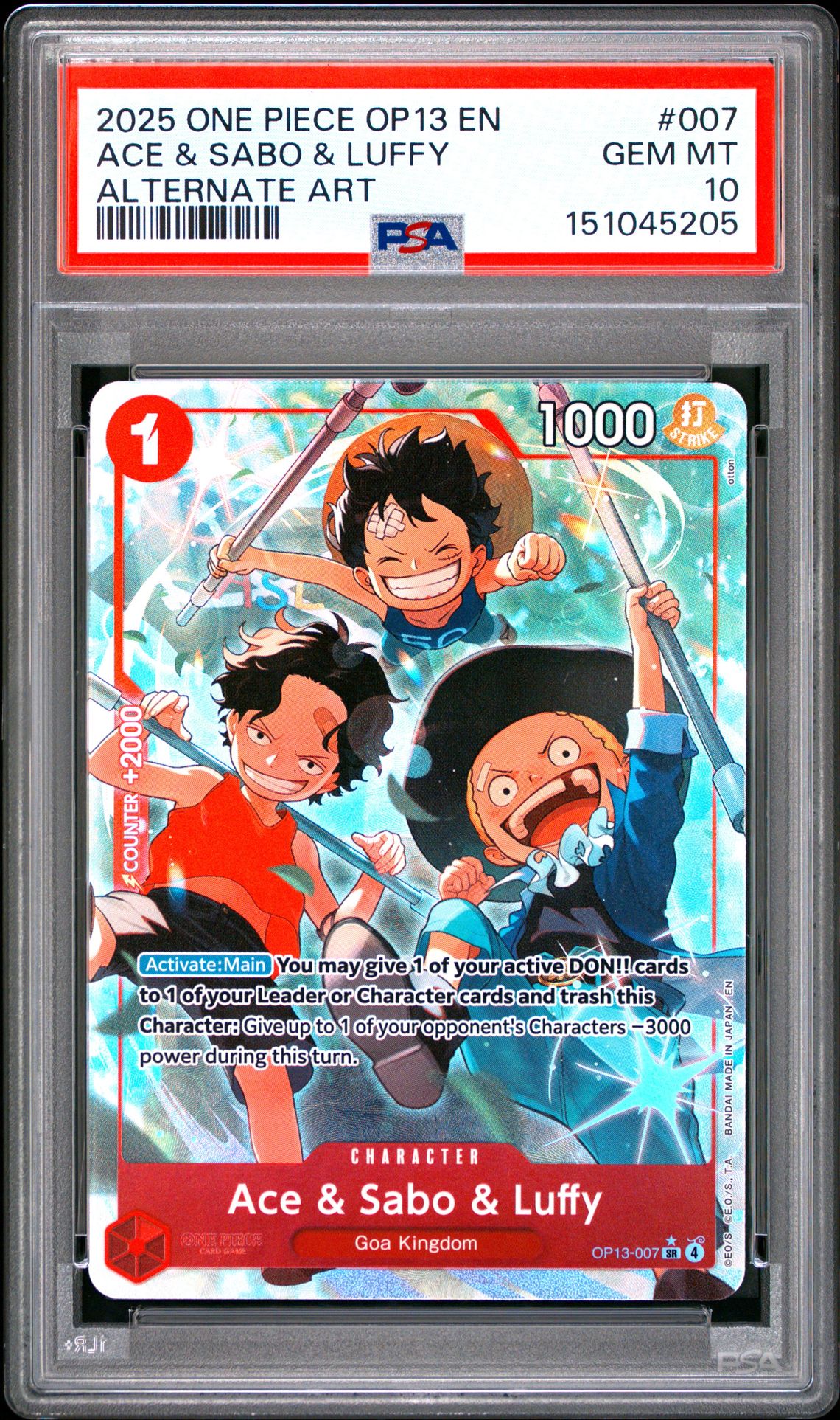 2025 One Piece Op13-Carrying On His Will Ace & Sabo & Luffy #007 (Alternate Art) Gem Mt 10 front view - PSA graded GEM MT 10