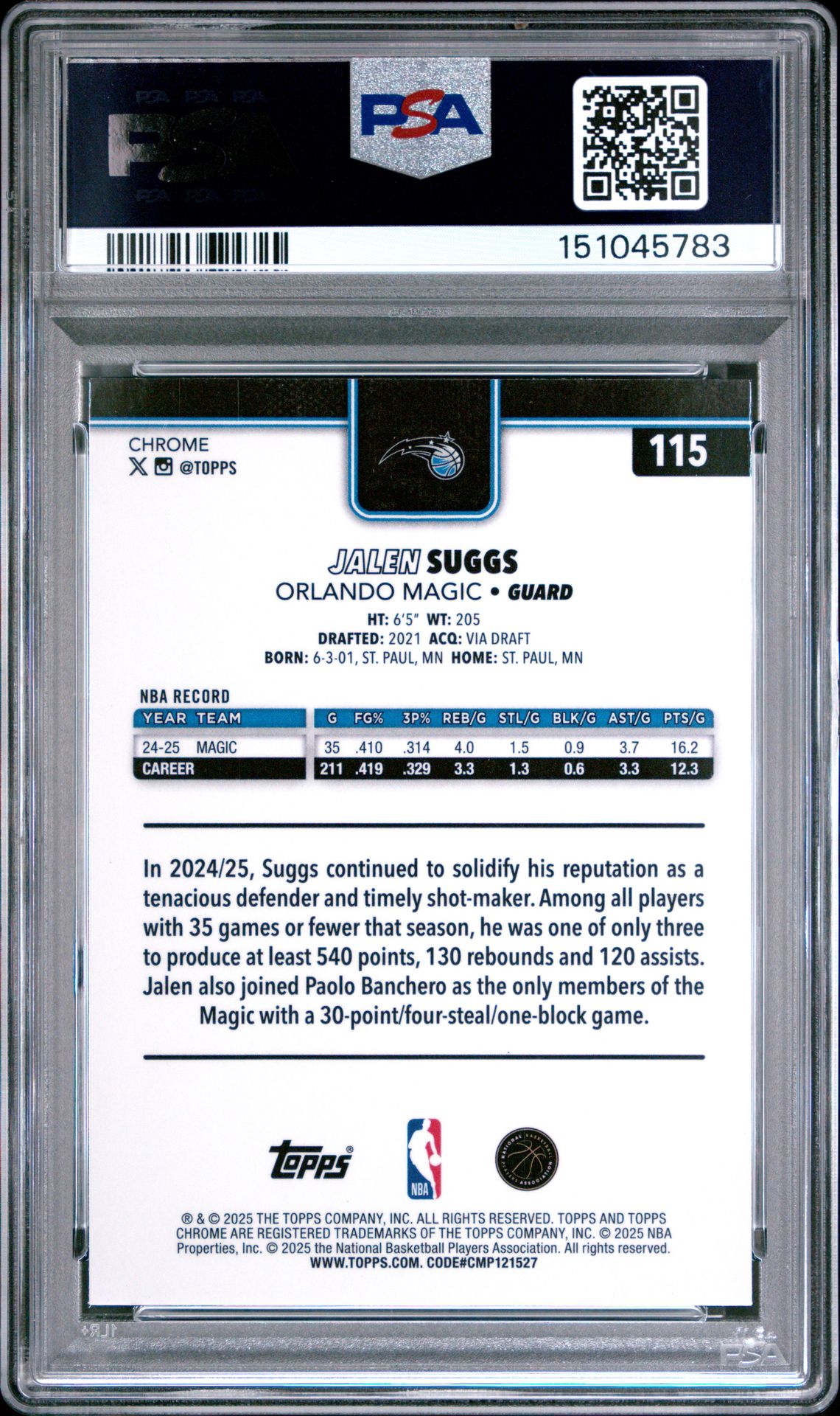 2025 Topps Chrome Jalen Suggs #115 (Aqua Basketball Refractor) Mint 9 back