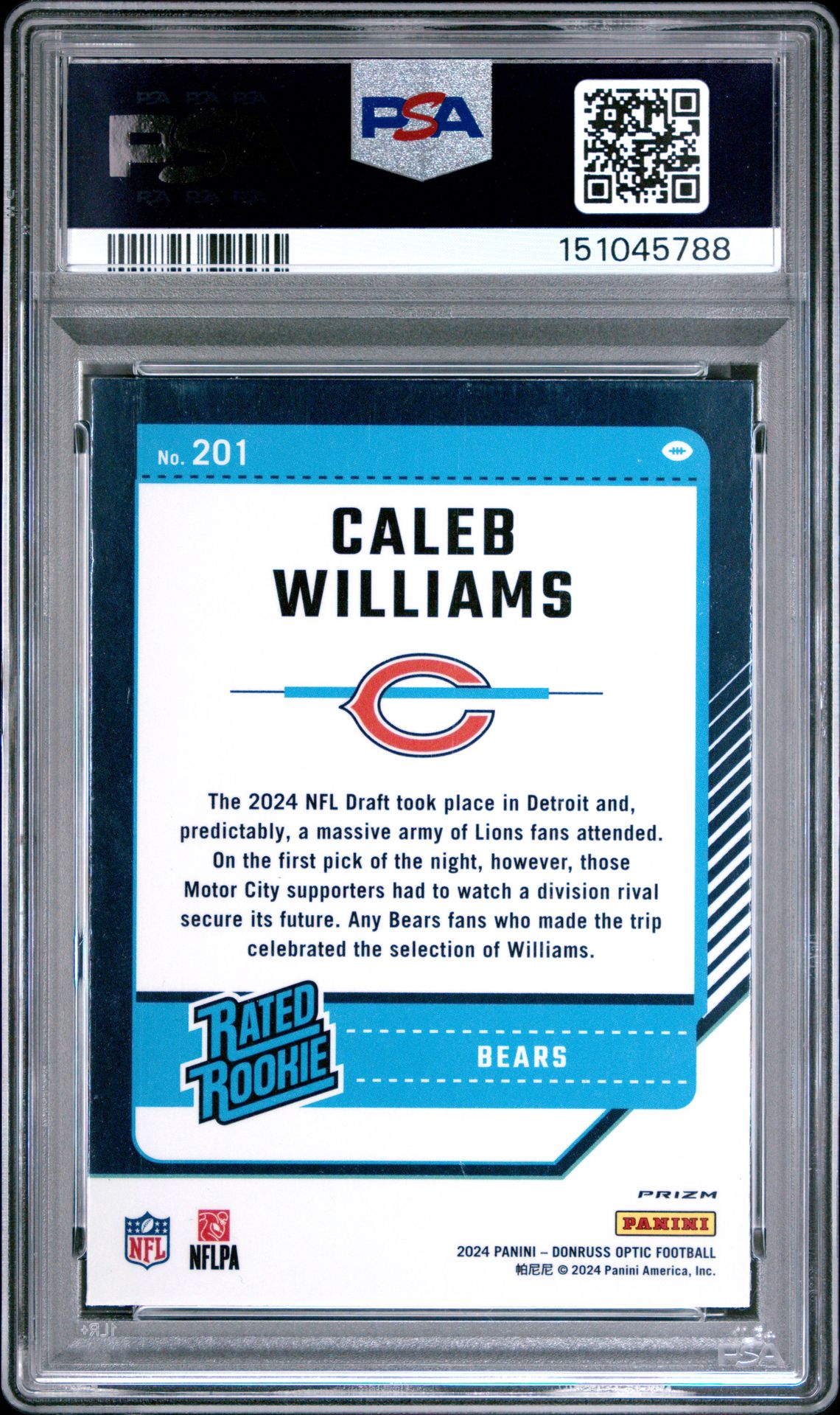2024 Panini Donruss Optic Caleb Williams #201 (Blue Hyper) Gem Mt 10 back