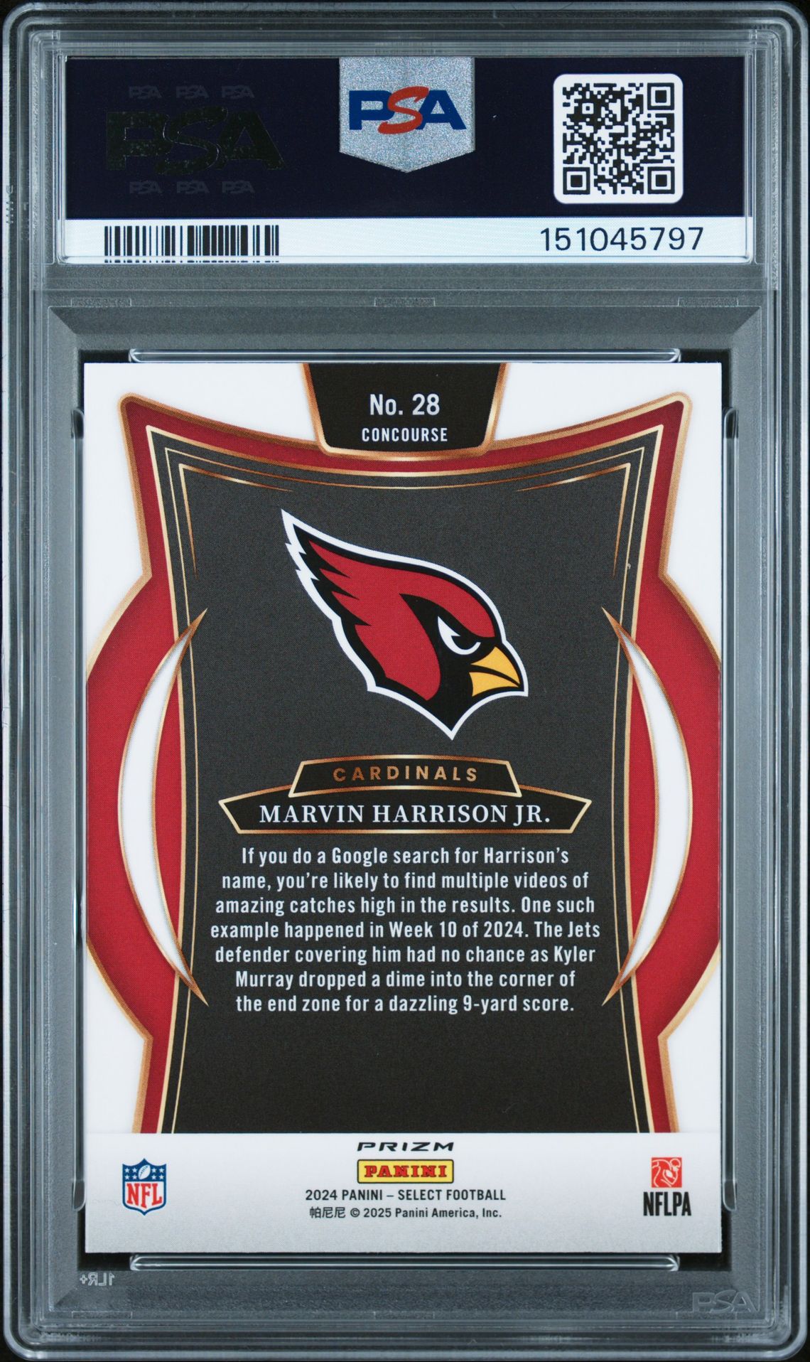 2024 Panini Select Marvin Harrison Jr. #28 (Red & Yellow Shock) Gem Mt 10 back