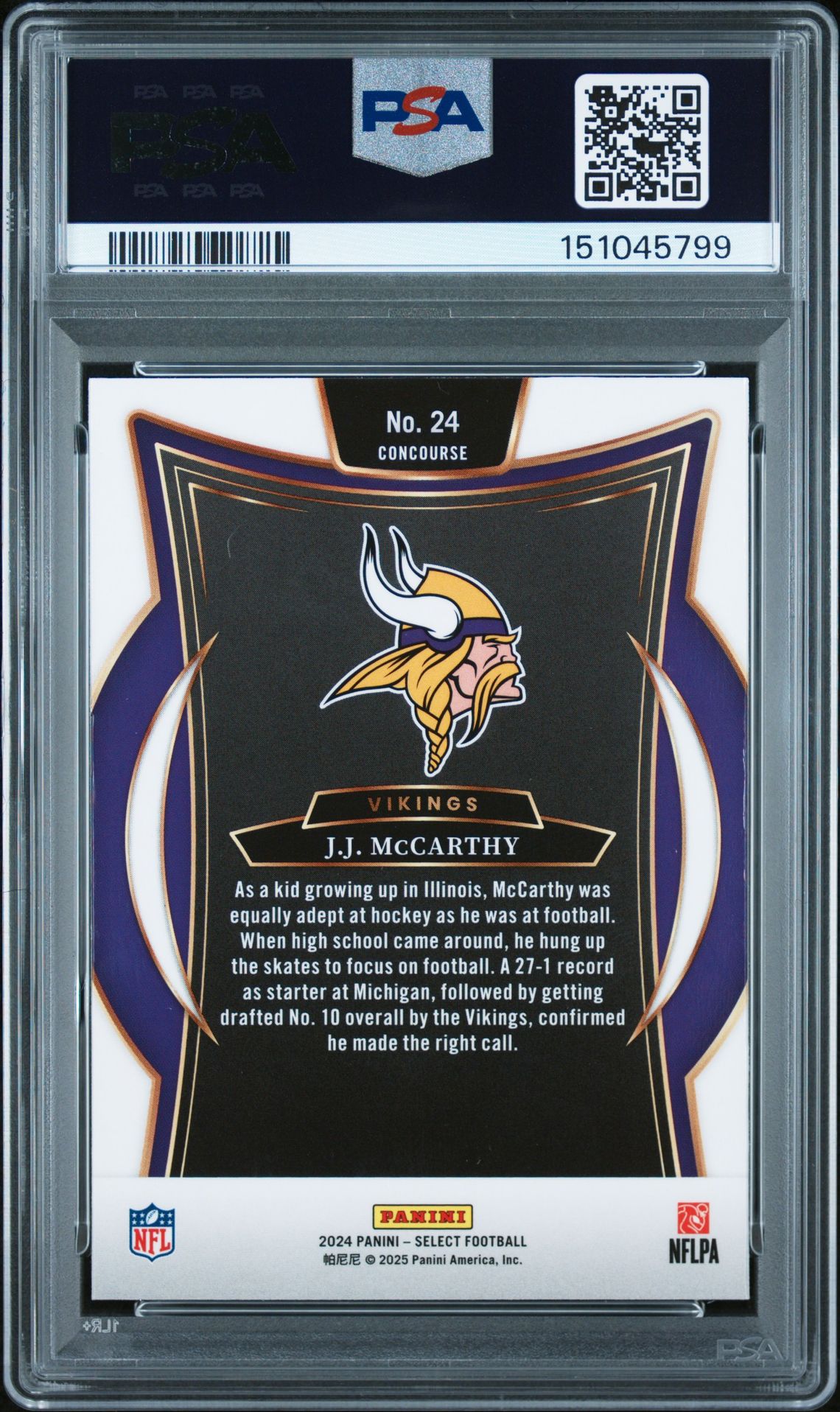 2024 Panini Select Jj Mccarthy #24 Gem Mt 10 back view - PSA certificate #151045799