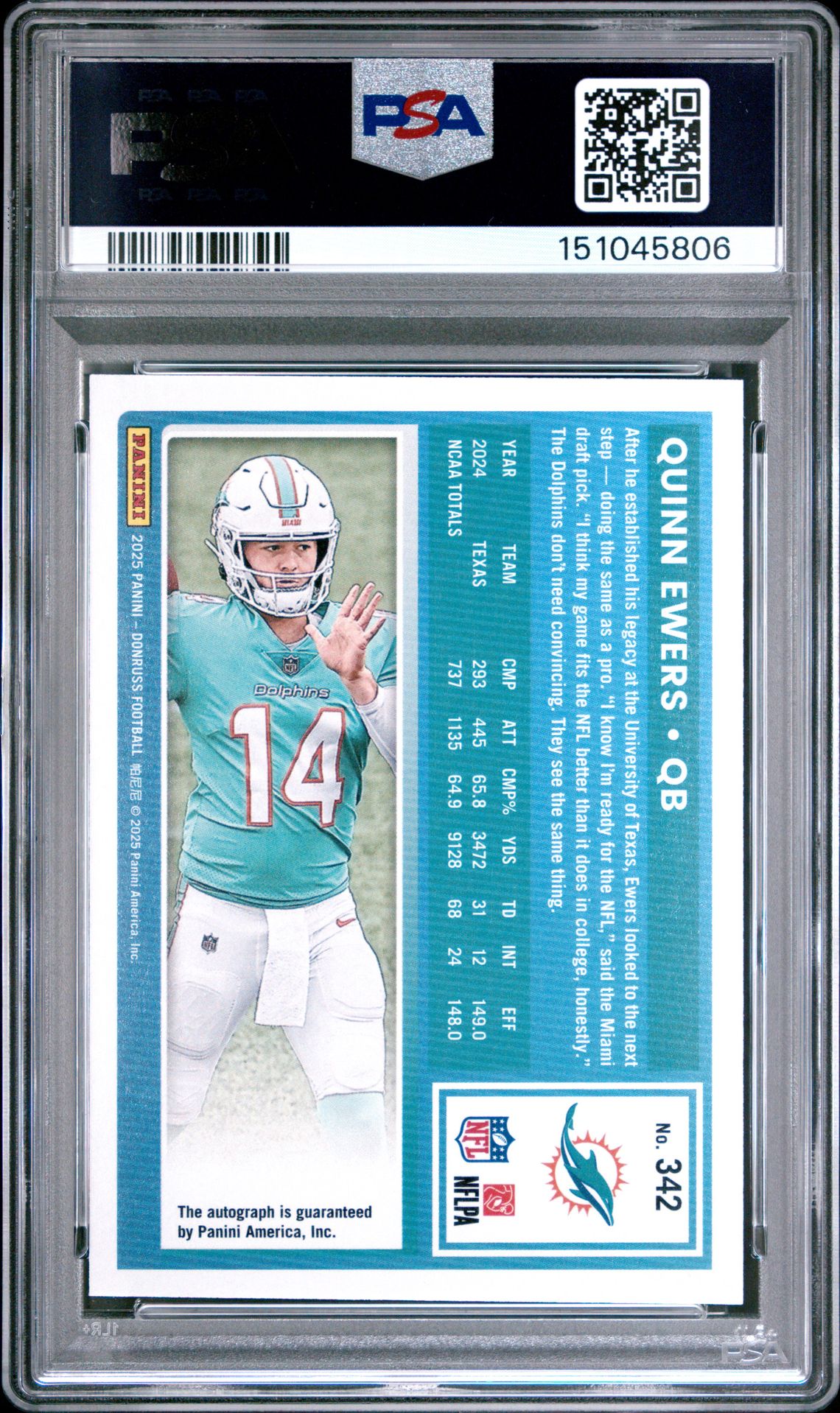 2025 Panini Donruss Quinn Ewers #342 (Autograph-Orange) Mint 9 back