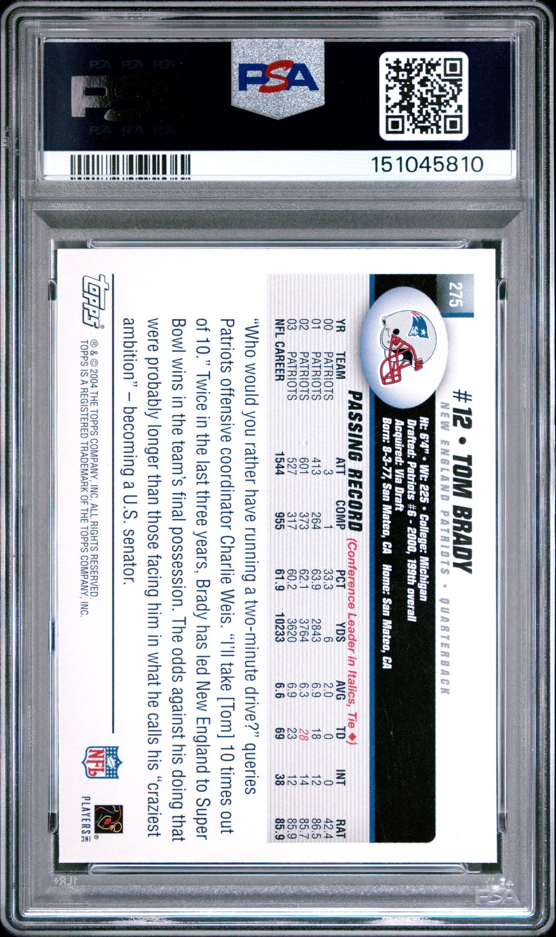 2004 Topps Tom Brady #275 Gem Mt 10 back