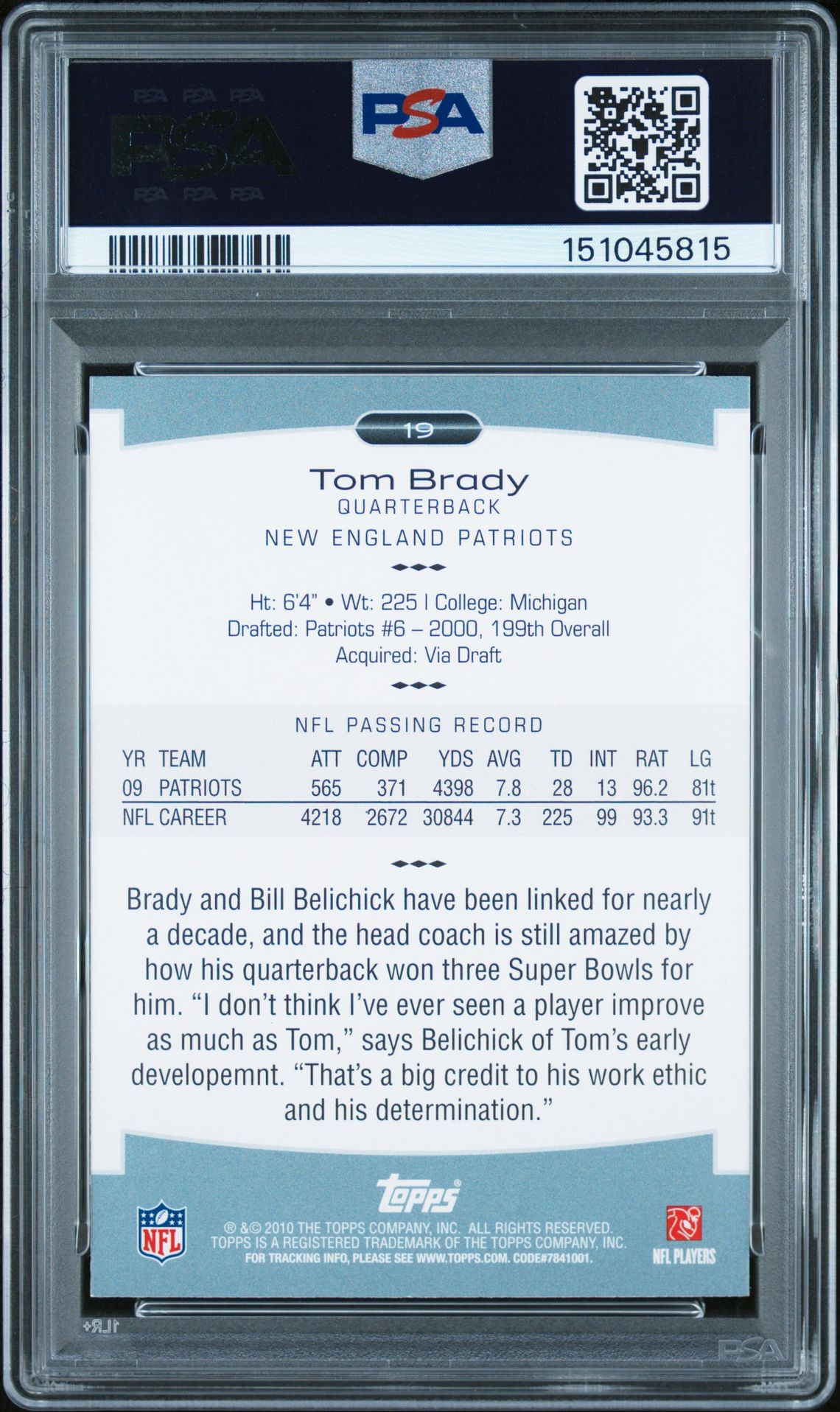 2010 Topps Platinum Tom Brady #19 Mint 9 back
