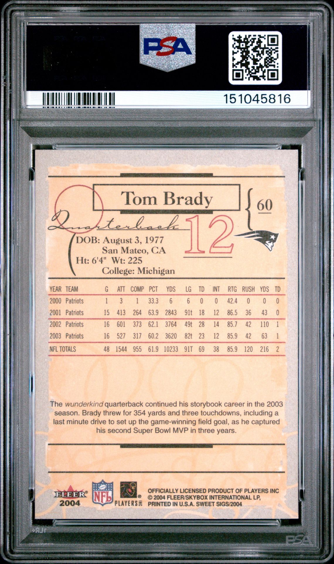 2004 Fleer Sweet Sigs Tom Brady #60 Nm-Mt 8 back