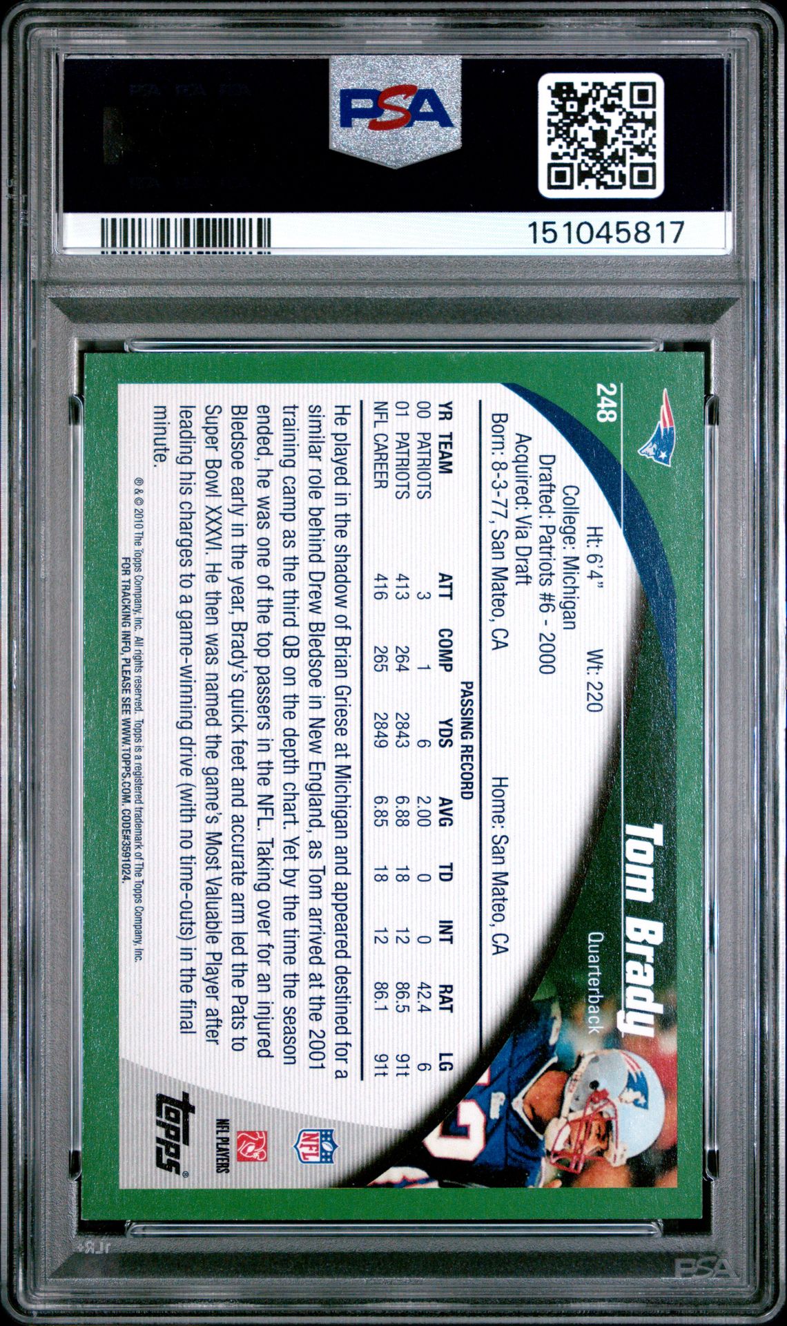 2002 Topps Tom Brady #248 Mint 9 back