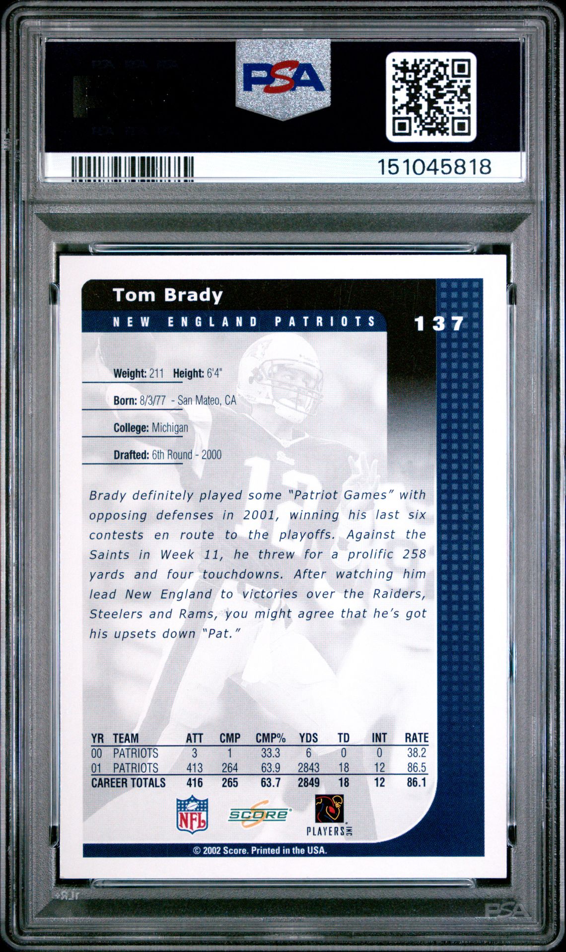 2002 Score Tom Brady #137 Mint 9 back