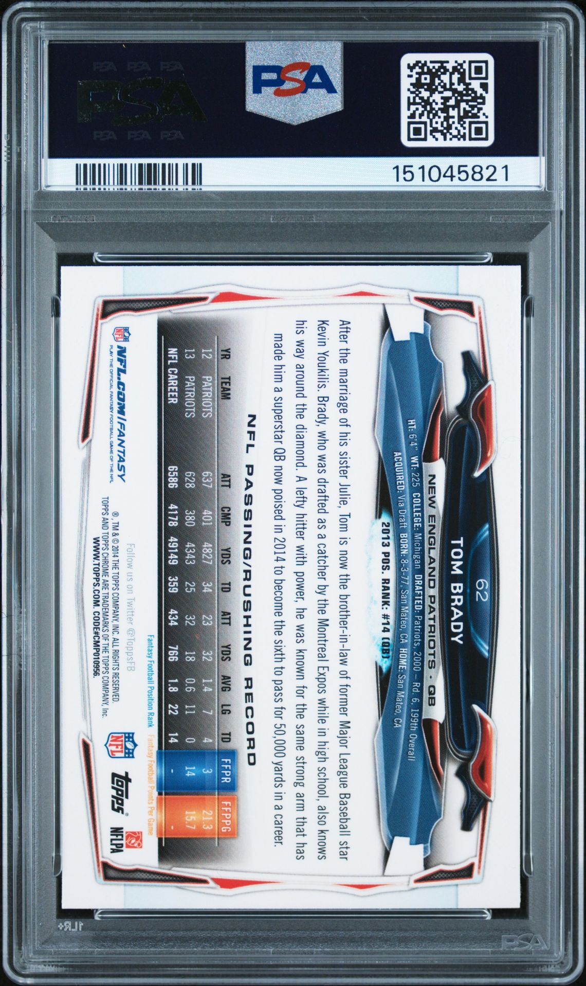 2014 Topps Chrome Tom Brady #62 (Blue Jersey) Nm-Mt 8 back