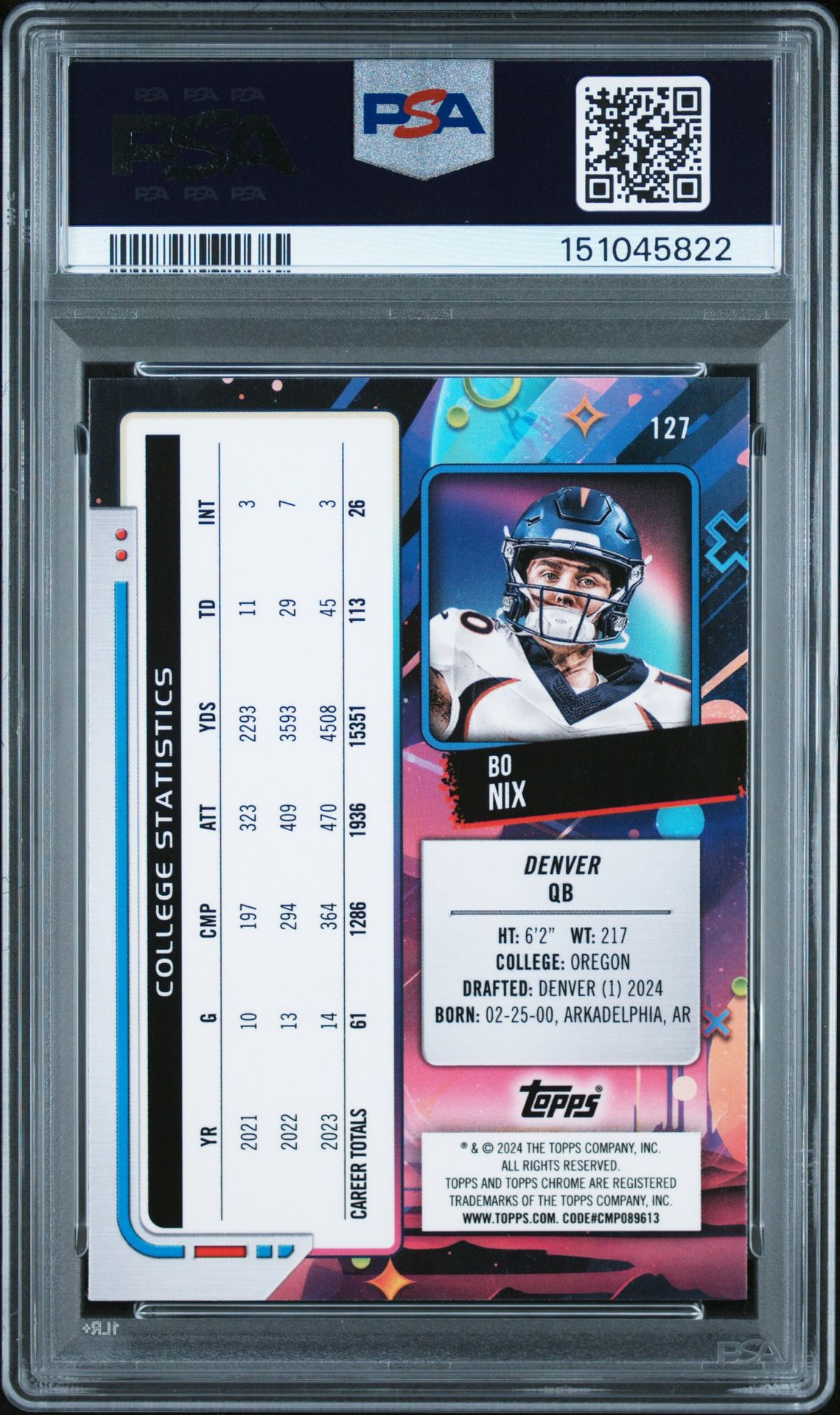 2024 Topps Cosmic Chrome Bo Nix #127 Gem Mt 10 back