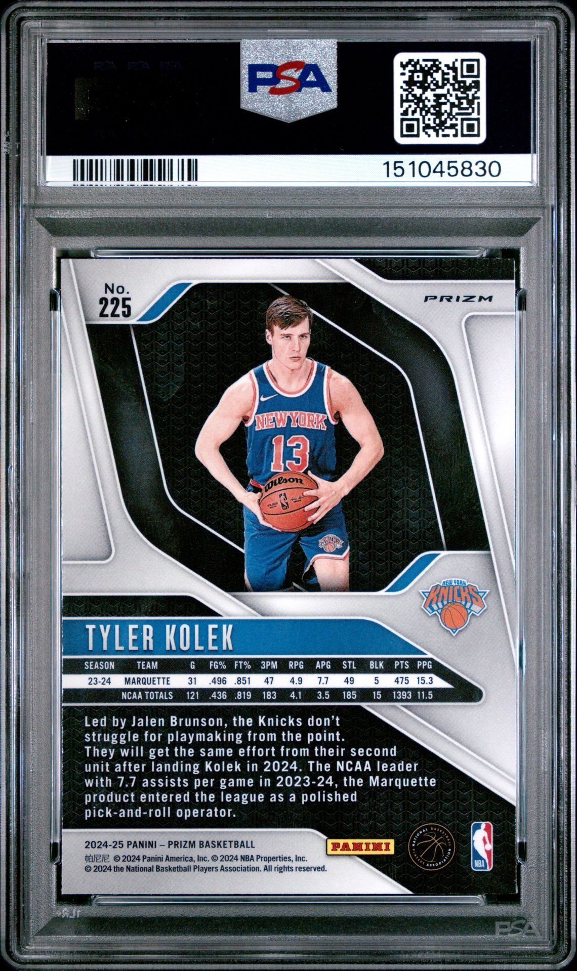 2024 Panini Prizm Tyler Kolek #225 (Pink Ice) Mint 9 back