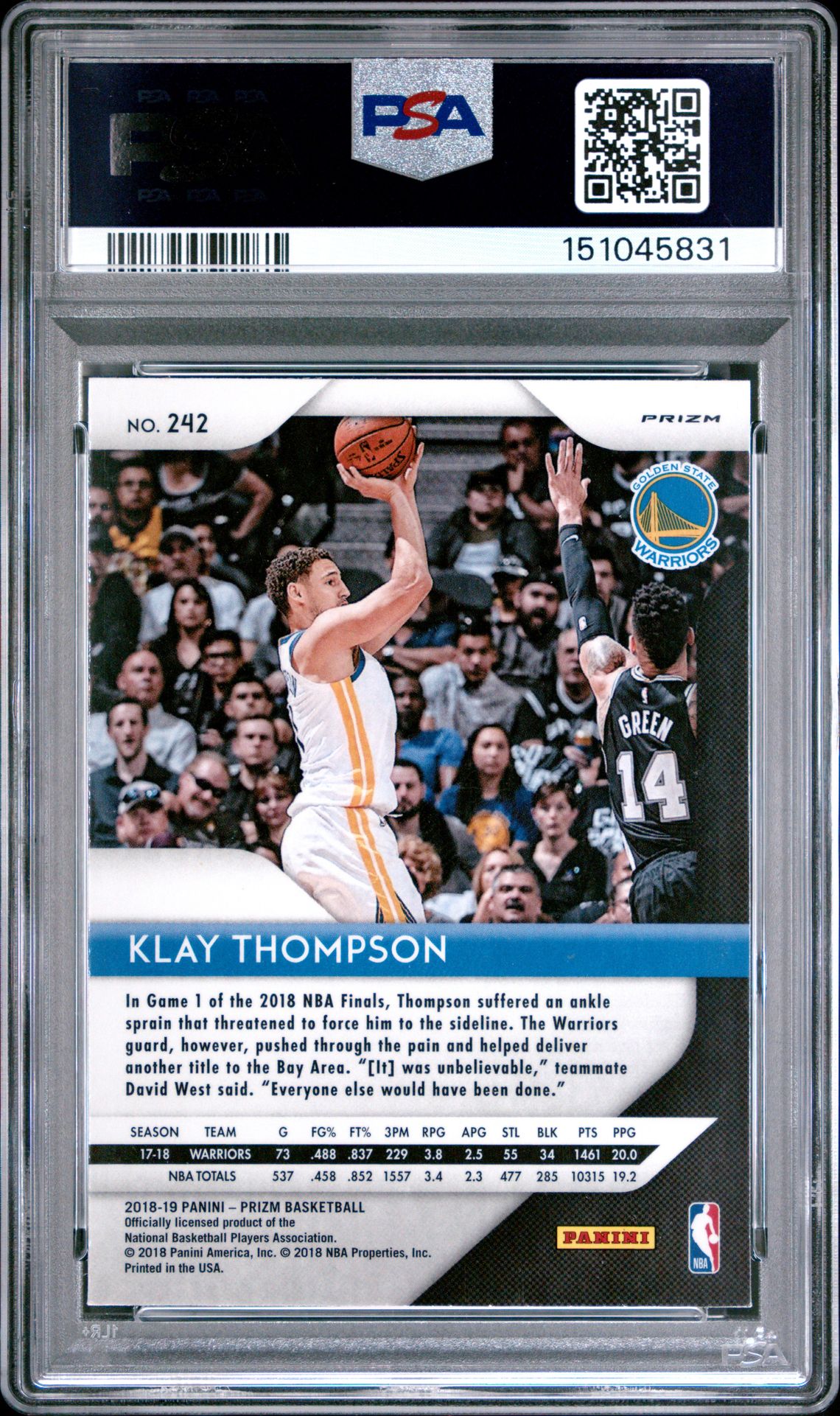 2018 Panini Prizm Klay Thompson #242 (Pink Ice) Mint 9 back