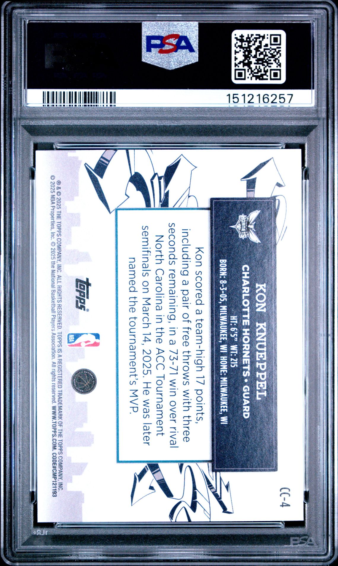 2025 Topps Clutch City Prospects Kon Knueppel #Cc-4 (Cltch Cty Pros-Prp Holo Foil) Gem Mt 10 back view - PSA certificate #151216257