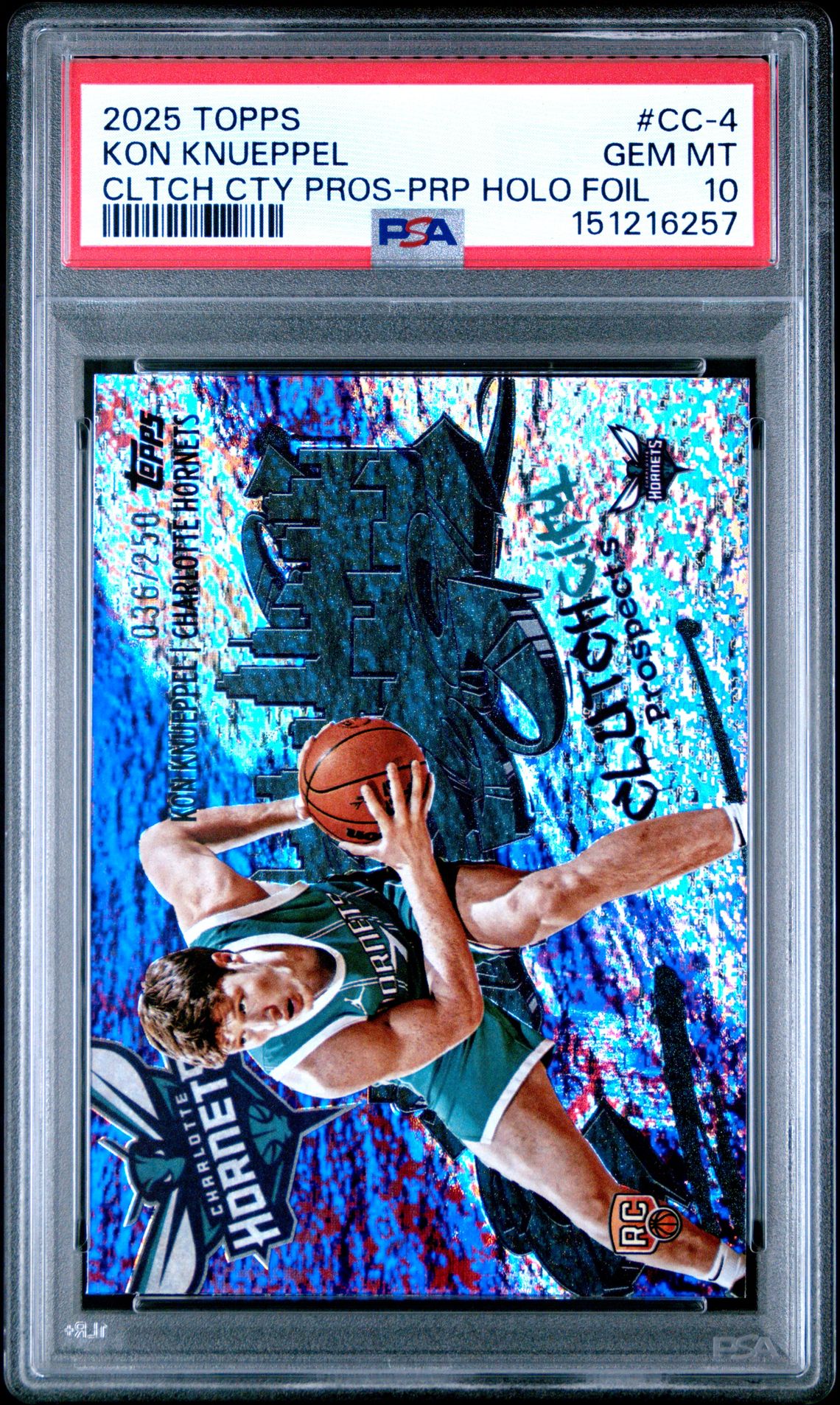2025 Topps Clutch City Prospects Kon Knueppel #Cc-4 (Cltch Cty Pros-Prp Holo Foil) Gem Mt 10 front view - PSA graded GEM MT 10
