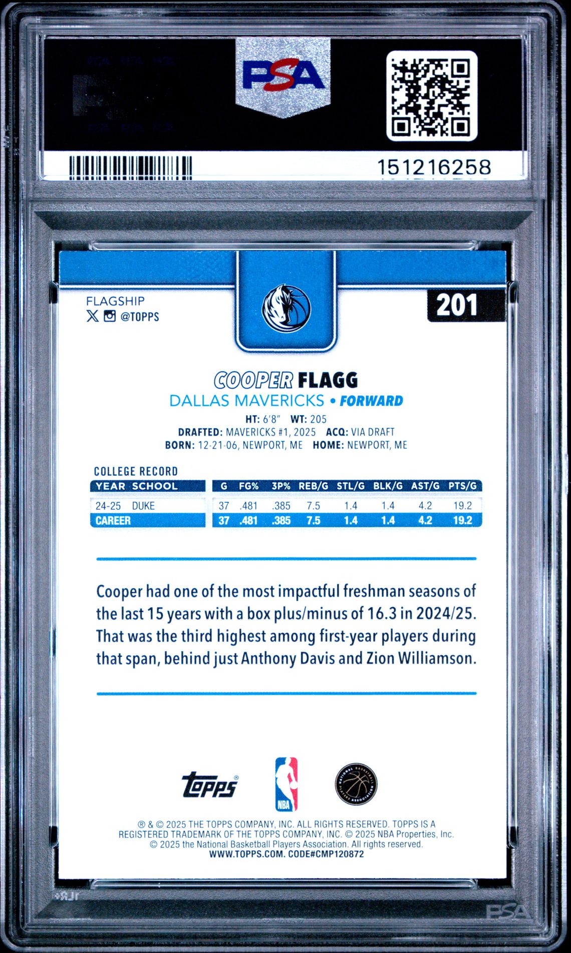 2025 Topps Cooper Flagg #201 Mint 9 back