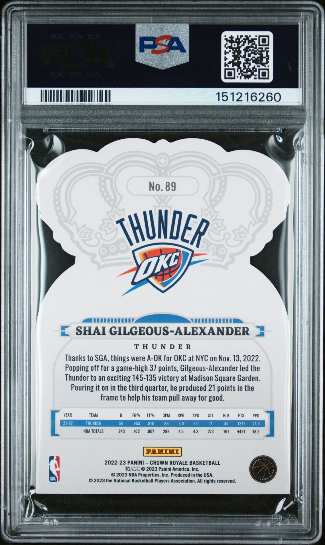 2022 Panini Crown Royale S. Gilgeous-Alexander #89 (Asia Silver) Mint 9 back
