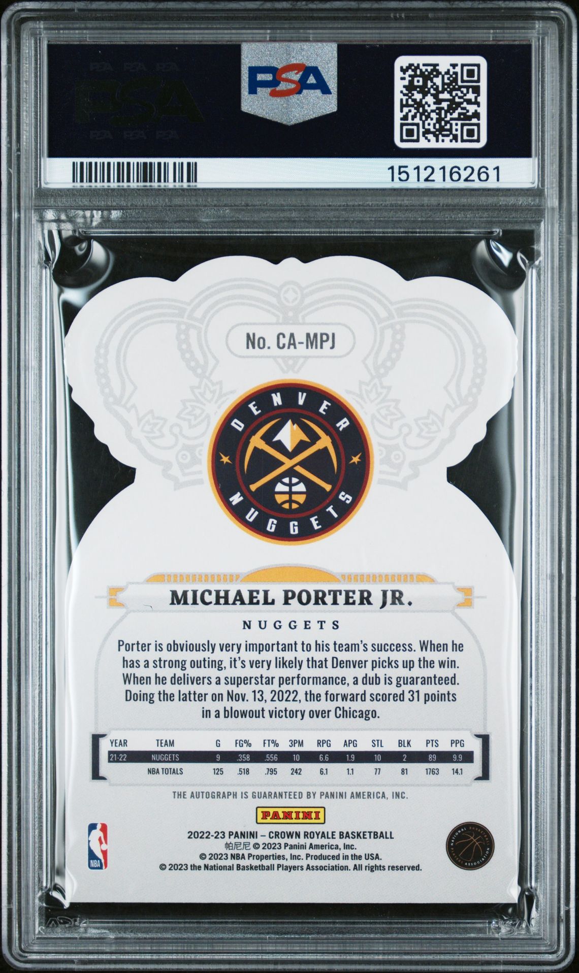 2022 Panini Crown Royale Crown Autographs Michael Porter Jr. #Campj (Crown Autograph-Asia Gold) Gem Mt 10 back view - PSA certificate #151216261
