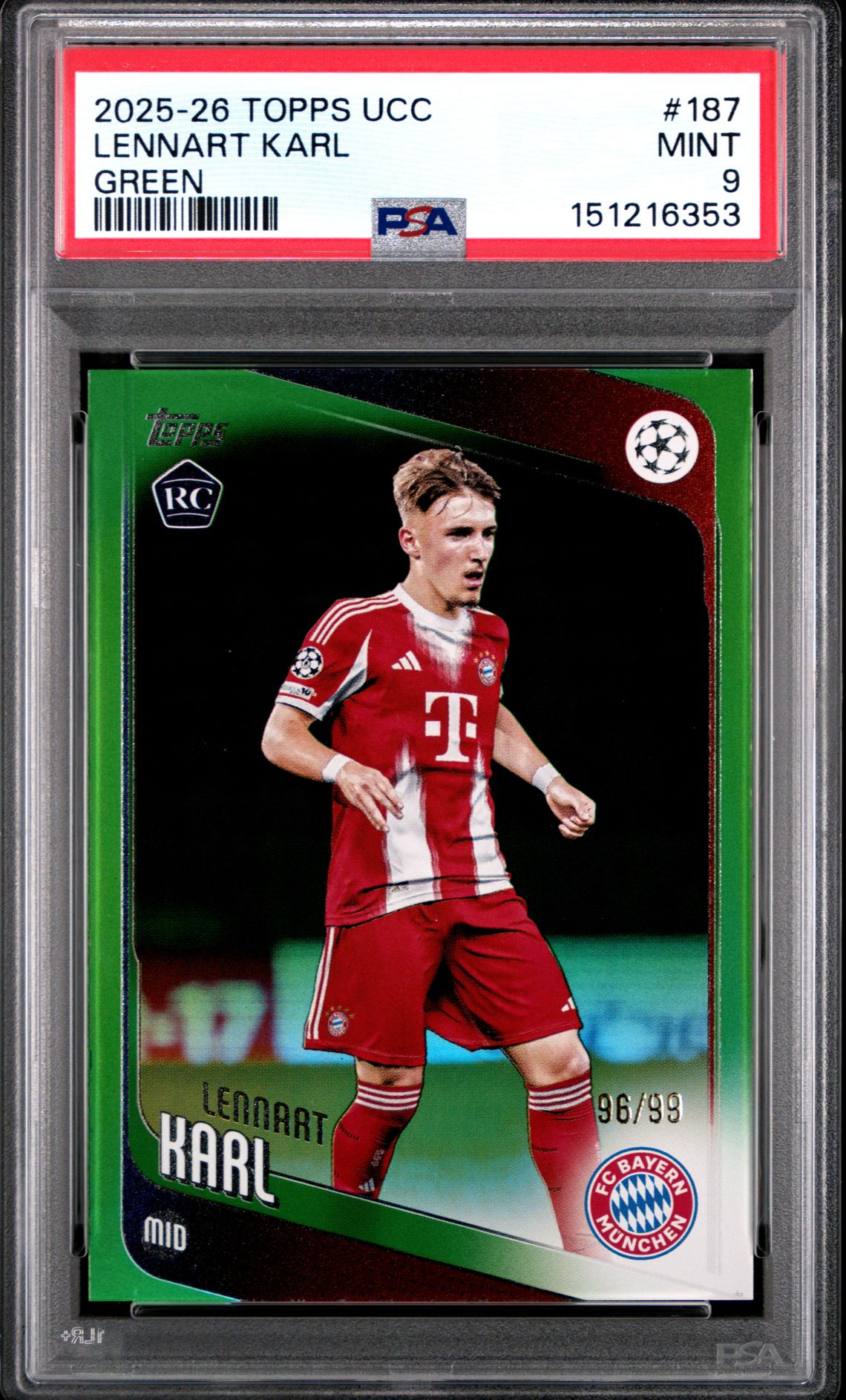 2025-2026 Topps Uefa Club Competitions Lennart Karl #187 (Green Foil) Mint 9 front