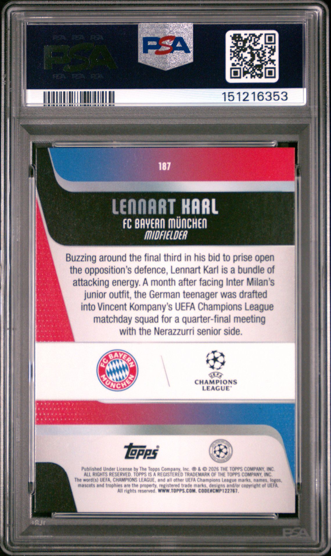 2025-2026 Topps Uefa Club Competitions Lennart Karl #187 (Green Foil) Mint 9 back