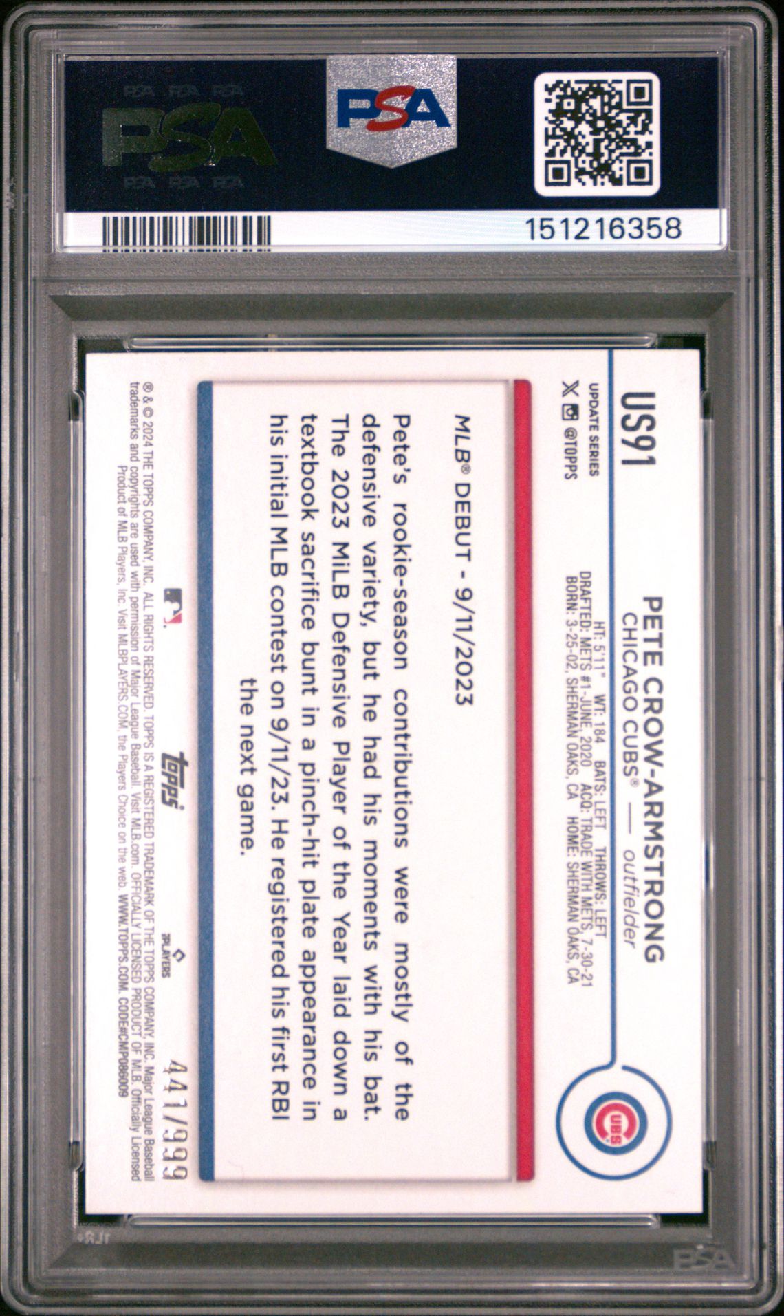 2024 Topps Update Pete Crow-Armstrong #Us91 (Blue Holo Foilboard) Mint 9 back